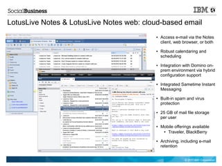 LotusLive Notes & LotusLive Notes web: cloud-based email
                                          ●   Access e-mail via the Notes
                                              client, web browser, or both
                                          ●   Robust calendaring and
                                              scheduling
                                          ●   Integration with Domino on-
                                              prem environment via hybrid
                                              configuration support
                                          ●   Integrated Sametime Instant
                                              Messaging
                                          ●   Built-in spam and virus
                                              protection
                                          ●   25 GB of mail file storage
                                              per user
                                          ●   Mobile offerings available
                                               ● Traveler, BlackBerry



                                          ●   Archiving, including e-mail
                                              retention


                                                           © 2011 IBM Corporation
 