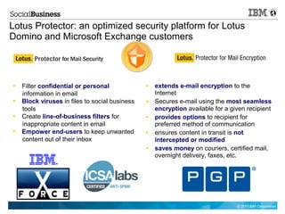 Lotus Protector: an optimized security platform for Lotus
Domino and Microsoft Exchange customers



   Filter confidential or personal                extends e-mail encryption to the
    information in email                            Internet
   Block viruses in files to social business      Secures e-mail using the most seamless
    tools                                           encryption available for a given recipient
   Create line-of-business filters for            provides options to recipient for
    inappropriate content in email                  preferred method of communication
   Empower end-users to keep unwanted             ensures content in transit is not
    content out of their inbox                      intercepted or modified
                                                   saves money on couriers, certified mail,
                                                    overnight delivery, faxes, etc.




                                                                                 © 2011 IBM Corporation
 