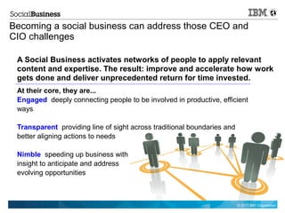 Becoming a social business can address those CEO and
CIO challenges

 A Social Business activates networks of people to apply relevant
 content and expertise. The result: improve and accelerate how work
 gets done and deliver unprecedented return for time invested.
 At their core, they are...
 Engaged deeply connecting people to be involved in productive, efficient
 ways

 Transparent providing line of sight across traditional boundaries and
 better aligning actions to needs

 Nimble speeding up business with
 insight to anticipate and address
 evolving opportunities



                                                                         © 2011 IBM Corporation
 
