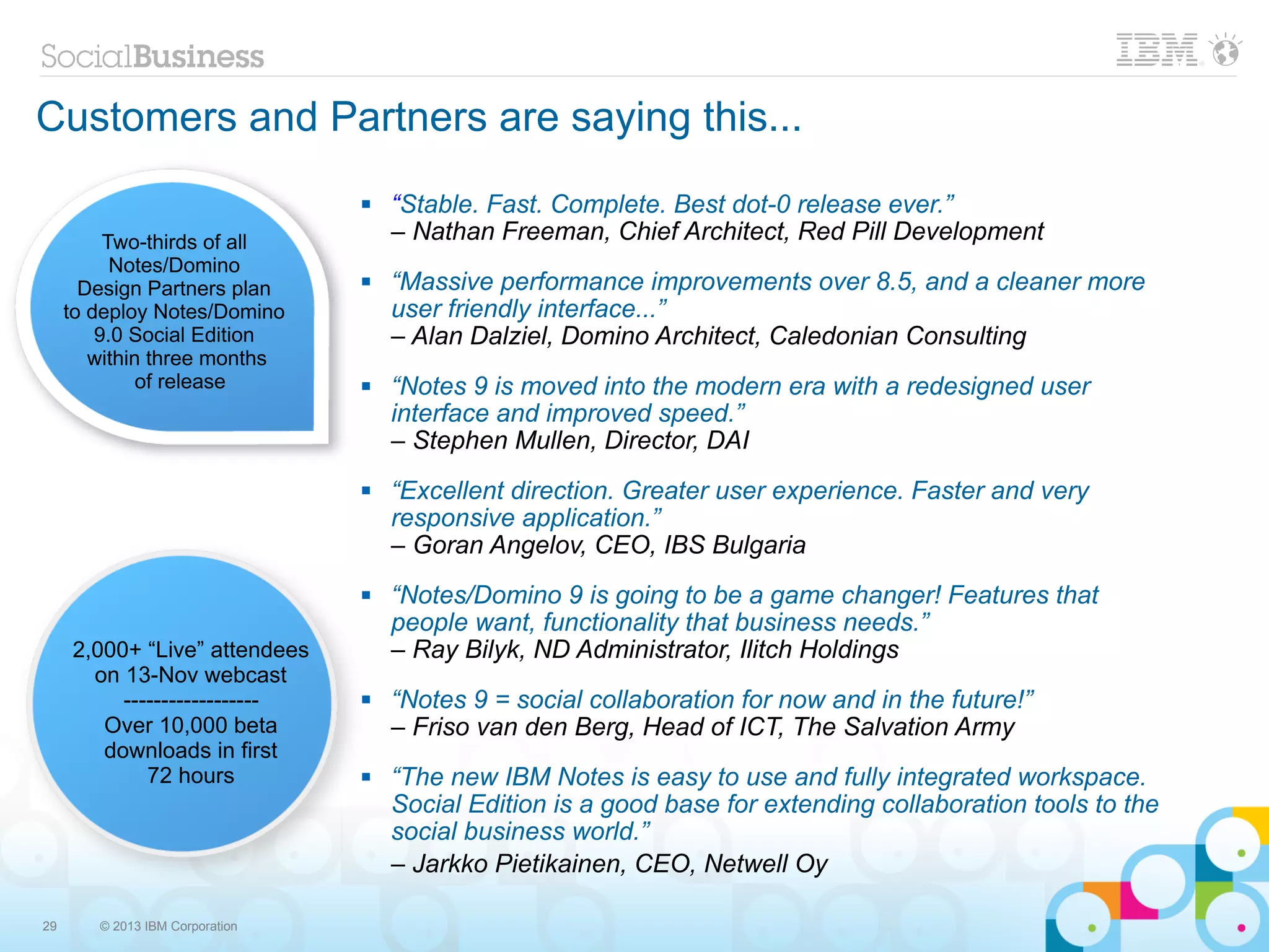 Customers and Partners are saying this...
                                    “Stable. Fast. Complete. Best dot-0 release ever.”
          Two-thirds of all          – Nathan Freeman, Chief Architect, Red Pill Development
           Notes/Domino
       Design Partners plan         “Massive performance improvements over 8.5, and a cleaner more
     to deploy Notes/Domino          user friendly interface...”
         9.0 Social Edition          – Alan Dalziel, Domino Architect, Caledonian Consulting
        within three months
              of release            “Notes 9 is moved into the modern era with a redesigned user
                                     interface and improved speed.”
                                     – Stephen Mullen, Director, DAI
                                    “Excellent direction. Greater user experience. Faster and very
                                     responsive application.”
                                     – Goran Angelov, CEO, IBS Bulgaria
                                    “Notes/Domino 9 is going to be a game changer! Features that
                                     people want, functionality that business needs.”
     2,000+ “Live” attendees         – Ray Bilyk, ND Administrator, Ilitch Holdings
       on 13-Nov webcast
          ------------------        “Notes 9 = social collaboration for now and in the future!”
        Over 10,000 beta             – Friso van den Berg, Head of ICT, The Salvation Army
        downloads in first
             72 hours               “The new IBM Notes is easy to use and fully integrated workspace.
                                     Social Edition is a good base for extending collaboration tools to the
                                     social business world.”
                                     – Jarkko Pietikainen, CEO, Netwell Oy

29      © 2013 IBM Corporation
 