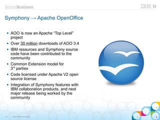 Symphony → Apache OpenOffice

    AOO is now an Apache “Top Level”
     project
    Over 30 million downloads of AOO 3.4
    IBM resources and Symphony source
     code have been contributed to the
     community
    Common Extension model for
     3rd parties
    Code licensed under Apache V2 open
     source license
    Integration of Symphony features with
     IBM collaboration products, and next
     major release being worked by the
     community



12    © 2013 IBM Corporation
 