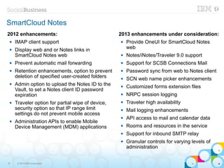 SmartCloud Notes
2012 enhancements:                                 2013 enhancements under consideration:
    IMAP client support                              Provide OneUI for SmartCloud Notes
    Display web and or Notes links in                 web
     SmartCloud Notes web                             Notes/iNotes/Traveler 9.0 support
    Prevent automatic mail forwarding                Support for SCSB Connections Mail
    Retention enhancements, option to prevent        Password sync from web to Notes client
     deletion of specified user-created folders       SCN web name picker enhancements
    Admin option to upload the Notes ID to the       Customized forms extension files
     Vault, to set a Notes client ID password
     expiration                                       NRPC session logging
    Traveler option for partial wipe of device,      Traveler high availability
     security option so that IP range limit           Mail logging enhancements
     settings do not prevent mobile access
                                                      API access to mail and calendar data
    Administration APIs to enable Mobile
     Device Management (MDM) applications             Rooms and resources in the service
                                                      Support for inbound SMTP relay
                                                      Granular controls for varying levels of
                                                       administration


18    © 2013 IBM Corporation
 