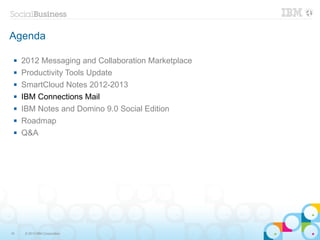 Agenda

    2012 Messaging and Collaboration Marketplace
    Productivity Tools Update
    SmartCloud Notes 2012-2013
    IBM Connections Mail
    IBM Notes and Domino 9.0 Social Edition
    Roadmap
    Q&A




19    © 2013 IBM Corporation
 