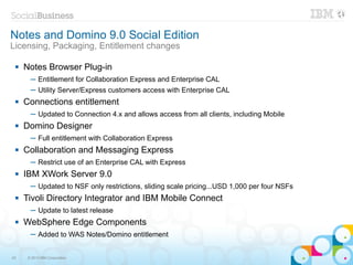 Notes and Domino 9.0 Social Edition
Licensing, Packaging, Entitlement changes

    Notes Browser Plug-in
       ─ Entitlement for Collaboration Express and Enterprise CAL
       ─ Utility Server/Express customers access with Enterprise CAL
    Connections entitlement
       ─ Updated to Connection 4.x and allows access from all clients, including Mobile
    Domino Designer
       ─ Full entitlement with Collaboration Express
    Collaboration and Messaging Express
       ─ Restrict use of an Enterprise CAL with Express
    IBM XWork Server 9.0
       ─ Updated to NSF only restrictions, sliding scale pricing...USD 1,000 per four NSFs
    Tivoli Directory Integrator and IBM Mobile Connect
       ─ Update to latest release
    WebSphere Edge Components
       ─ Added to WAS Notes/Domino entitlement


43    © 2013 IBM Corporation
 