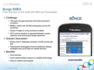 Bunge EMEA
From the farm to the shelf with IBM and Teamstudio

    Challenge
       ─ 194-year old agri-business and food production
         company
       ─ $59B in sales with 35,000 employees across 40
         countries
       ─ Ocean Freight is a key business enabler
       ─ 24/7 communication is required between vessel
         captains and land-based freight operators
    Solution Description
       ─ Notes mail-in database receives >2,000 emails per
         day
       ─ Teamstudio Unplugged ensures database always
         available and up-to-date on mobile devices
    Benefits
       ─ Cost savings
       ─ Fast implementation based on reliable technology
       ─ Easy to extend and support


9     © 2013 IBM Corporation
 