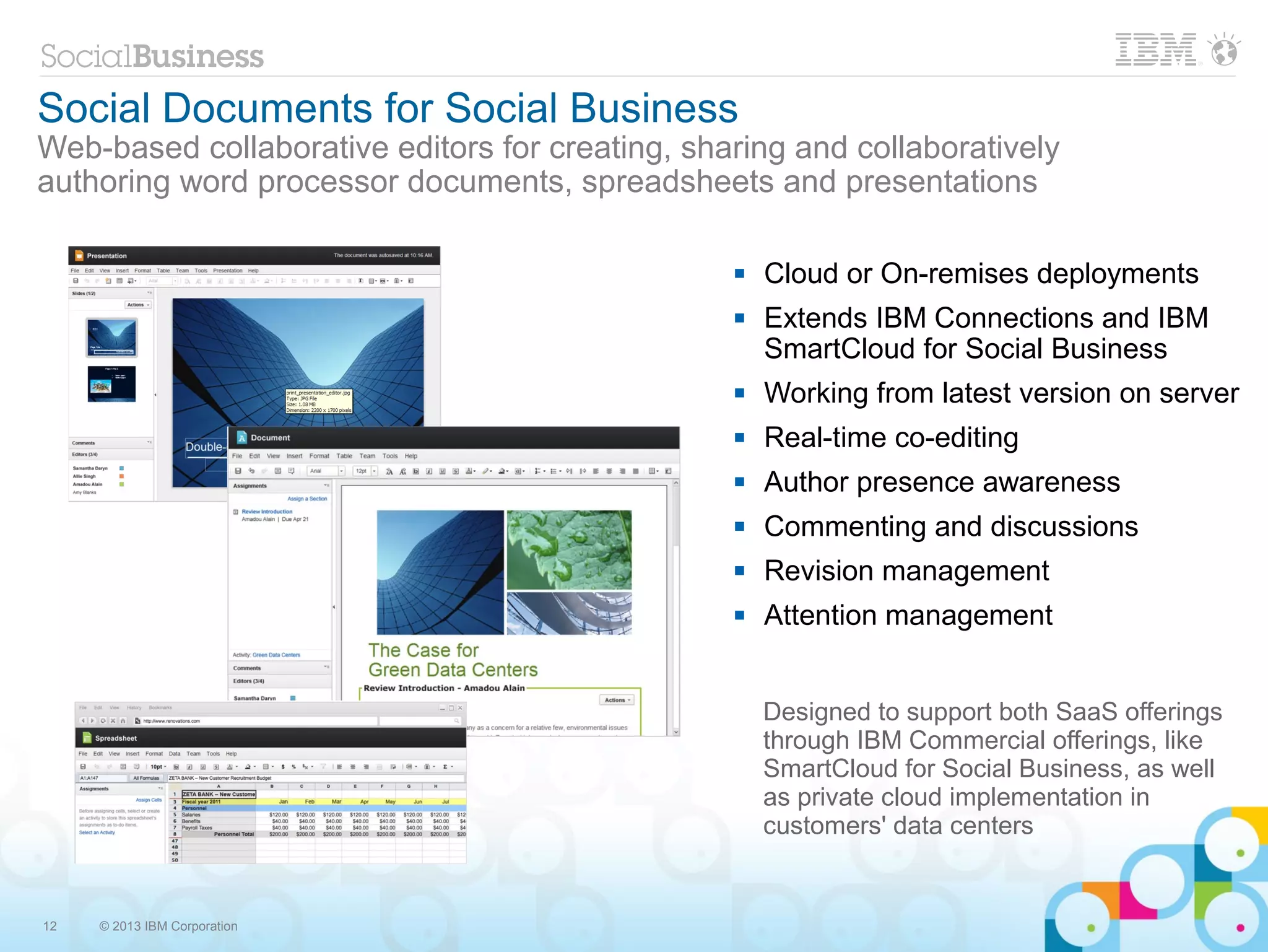 Social Documents for Social Business
Web-based collaborative editors for creating, sharing and collaboratively
authoring word processor documents, spreadsheets and presentations

                                                    Cloud or On-remises deployments
                                                    Extends IBM Connections and IBM
                                                     SmartCloud for Social Business
                                                    Working from latest version on server
                                                    Real-time co-editing
                                                    Author presence awareness
                                                    Commenting and discussions
                                                    Revision management
                                                    Attention management


                                                     Designed to support both SaaS offerings
                                                     through IBM Commercial offerings, like
                                                     SmartCloud for Social Business, as well
                                                     as private cloud implementation in
                                                     customers' data centers


12   © 2013 IBM Corporation
 
