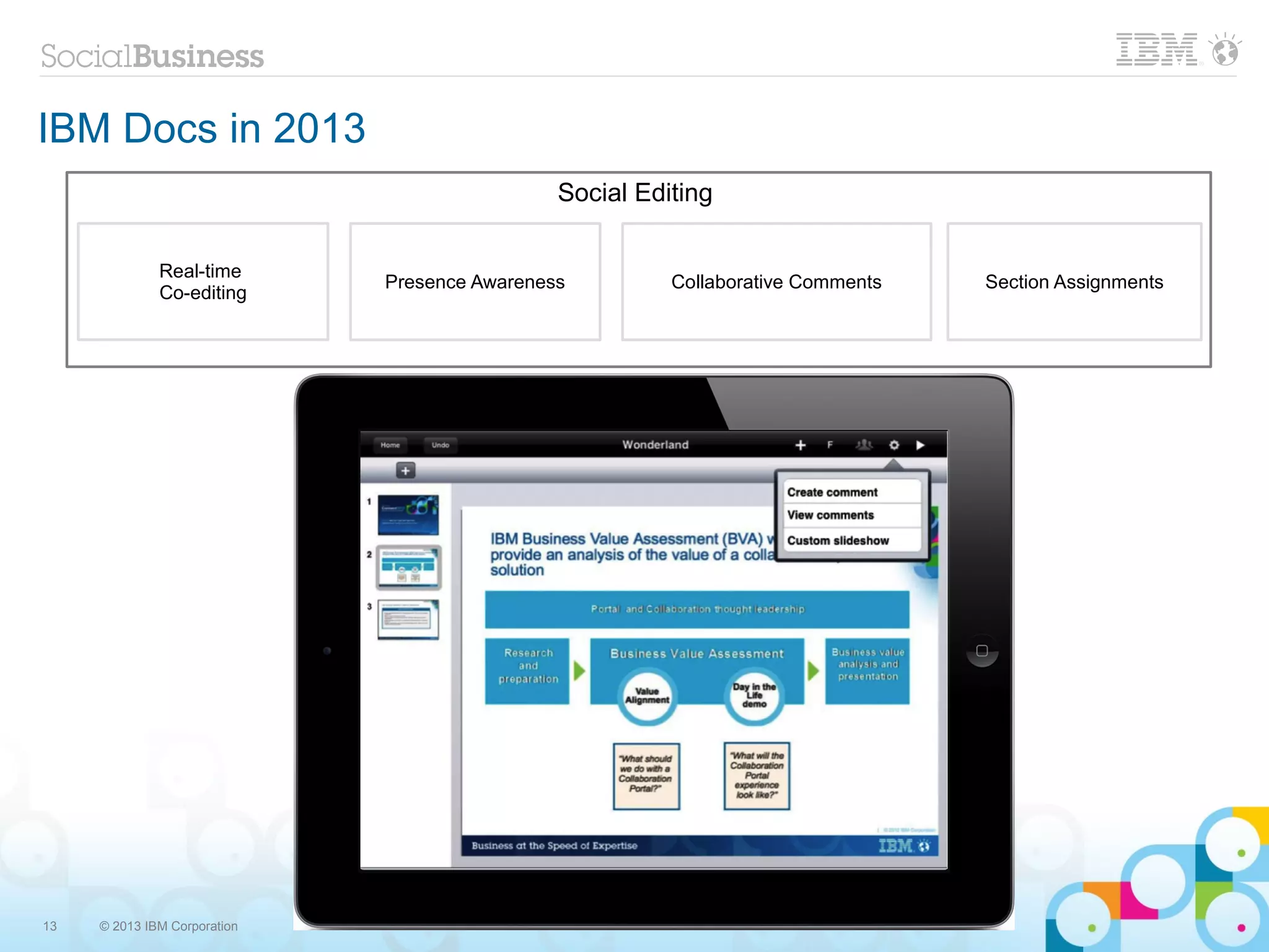 IBM Docs in 2013
                                               Social Editing

              Real-time
                              Presence Awareness         Collaborative Comments   Section Assignments
              Co-editing




13   © 2013 IBM Corporation
 