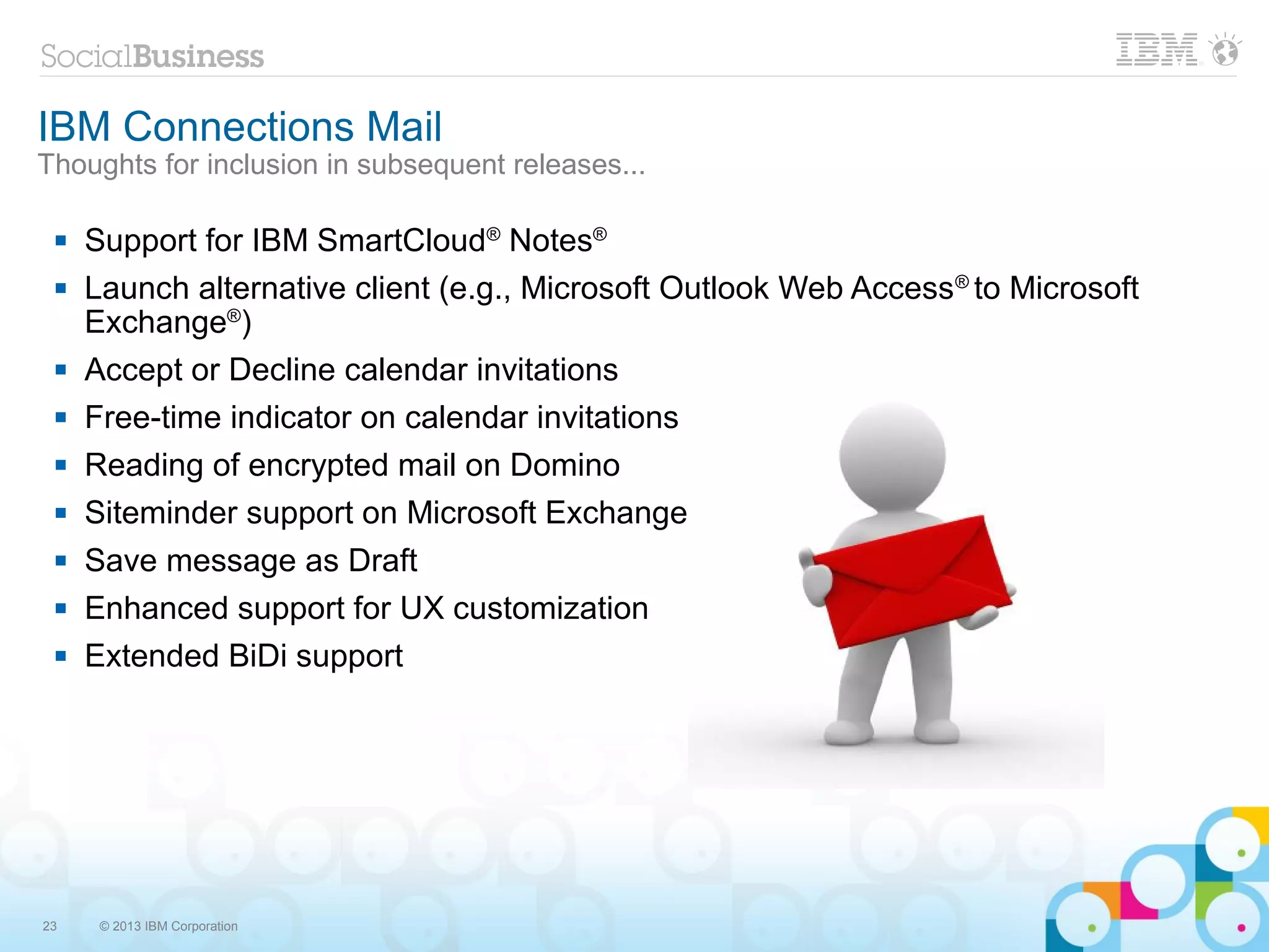 IBM Connections Mail
Thoughts for inclusion in subsequent releases...

    Support for IBM SmartCloud® Notes®
    Launch alternative client (e.g., Microsoft Outlook Web Access ® to Microsoft
     Exchange®)
    Accept or Decline calendar invitations
    Free-time indicator on calendar invitations
    Reading of encrypted mail on Domino
    Siteminder support on Microsoft Exchange
    Save message as Draft
    Enhanced support for UX customization
    Extended BiDi support




23    © 2013 IBM Corporation
 