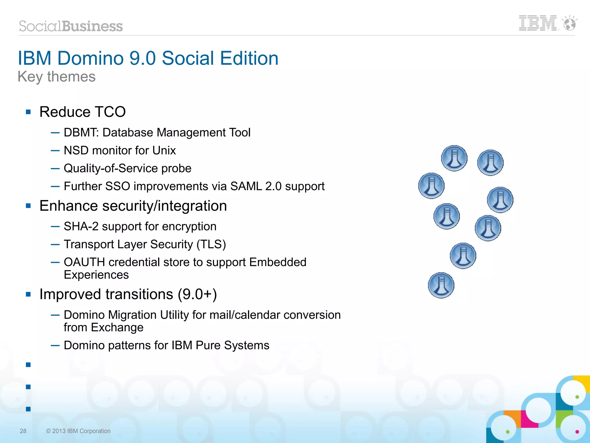 IBM Domino 9.0 Social Edition
Key themes

    Reduce TCO
       ─ DBMT: Database Management Tool
       ─ NSD monitor for Unix
       ─ Quality-of-Service probe
       ─ Further SSO improvements via SAML 2.0 support
    Enhance security/integration
       ─ SHA-2 support for encryption
       ─ Transport Layer Security (TLS)
       ─ OAUTH credential store to support Embedded
         Experiences
    Improved transitions (9.0+)
       ─ Domino Migration Utility for mail/calendar conversion
         from Exchange
       ─ Domino patterns for IBM Pure Systems
 

 

 

28    © 2013 IBM Corporation
 