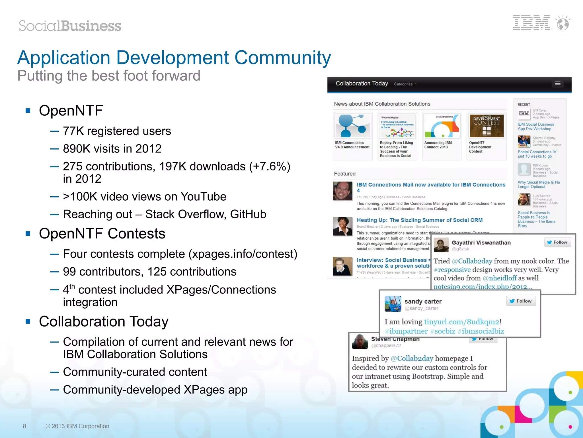 Application Development Community
Putting the best foot forward

    OpenNTF
       ─ 77K registered users
       ─ 890K visits in 2012
       ─ 275 contributions, 197K downloads (+7.6%)
         in 2012
       ─ >100K video views on YouTube
       ─ Reaching out – Stack Overflow, GitHub
    OpenNTF Contests
       ─ Four contests complete (xpages.info/contest)
       ─ 99 contributors, 125 contributions
       ─ 4th contest included XPages/Connections
         integration
    Collaboration Today
       ─ Compilation of current and relevant news for
         IBM Collaboration Solutions
       ─ Community-curated content
       ─ Community-developed XPages app

8     © 2013 IBM Corporation
 