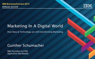 Marketing In A Digital World

How Data & Technology are still transforming Marketing
Gunther Schumacher

WW President & COO
OgilvyOne Worldwide
 