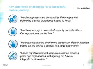 © 2015 IBM Corporation 2
Key enterprise challenges for a successful
mobile journey
“I need my development teams focused on creating
great app experiences, not figuring out how to
integrate or store data.”
“Mobile opens up a new set of security considerations.
Our reputation is on the line.”
“Mobile app users are demanding. If my app is not
delivering a great experience I need to know.”
“My users want to be even more productive. Personalization
based on the device’s context is a huge opportunity. ”
 