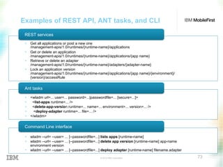© 2015 IBM Corporation 73
Examples of REST API, ANT tasks, and CLI
REST services
Ant tasks
Command Line interface
+  Get all applications or post a new one
/management-apis/1.0/runtimes/{runtime-name}/applications
+  Get or delete an application
/management-apis/1.0/runtimes/{runtime-name}/applications/{app name}
+  Retrieve or delete an adapter
/management-apis/1.0/runtimes/{runtime-name}/adapters/{adapter-name}
+  Lock an application version
/management-apis/1.0/runtimes/{runtime-name}/applications/{app name}/{environment}/
{version}/accessRule
+  <wladm url=... user=... password=...|passwordfile=... [secure=...]>
+  <list-apps runtime=... />
+  <delete-app-version runtime=... name=... environment=... version=... />
+  <deploy-adapter runtime=... file=... />
+  </wladm>
+  wladm --url= --user= ... [--passwordfile=...] lists apps [runtime-name]
+  wladm --url= --user= ... [--passwordfile=...] delete app version [runtime-name] app-name
environment version
+  wladm --url= --user= ... [--passwordfile=...] deploy adapter [runtime-name] filename.adapter
 