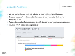 © 2015 IBM Corporation 86
Security Analytics
+  Monitor authentication attempts to better protect against potential attacks
+  Discover reasons for authentication failures and use information to improve
user experience
+  Trace authentication failures back to specific device, network transaction, user, etc.
+  Visualize which resources are protected
 