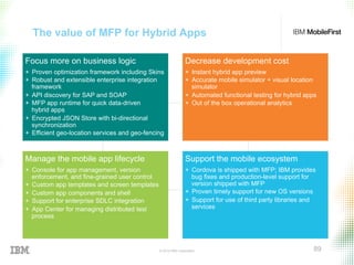 © 2015 IBM Corporation 89
The value of MFP for Hybrid Apps
Focus more on business logic
+  Proven optimization framework including Skins
+  Robust and extensible enterprise integration
framework
+  API discovery for SAP and SOAP
+  MFP app runtime for quick data-driven
hybrid apps
+  Encrypted JSON Store with bi-directional
synchronization
+  Efficient geo-location services and geo-fencing
Decrease development cost
+  Instant hybrid app preview
+  Accurate mobile simulator + visual location
simulator
+  Automated functional testing for hybrid apps
+  Out of the box operational analytics
Manage the mobile app lifecycle
+  Console for app management, version
enforcement, and fine-grained user control
+  Custom app templates and screen templates
+  Custom app components and shell
+  Support for enterprise SDLC integration
+  App Center for managing distributed test
process
Support the mobile ecosystem
+  Cordova is shipped with MFP; IBM provides
bug fixes and production-level support for
version shipped with MFP
+  Proven timely support for new OS versions
+  Support for use of third party libraries and
services
 