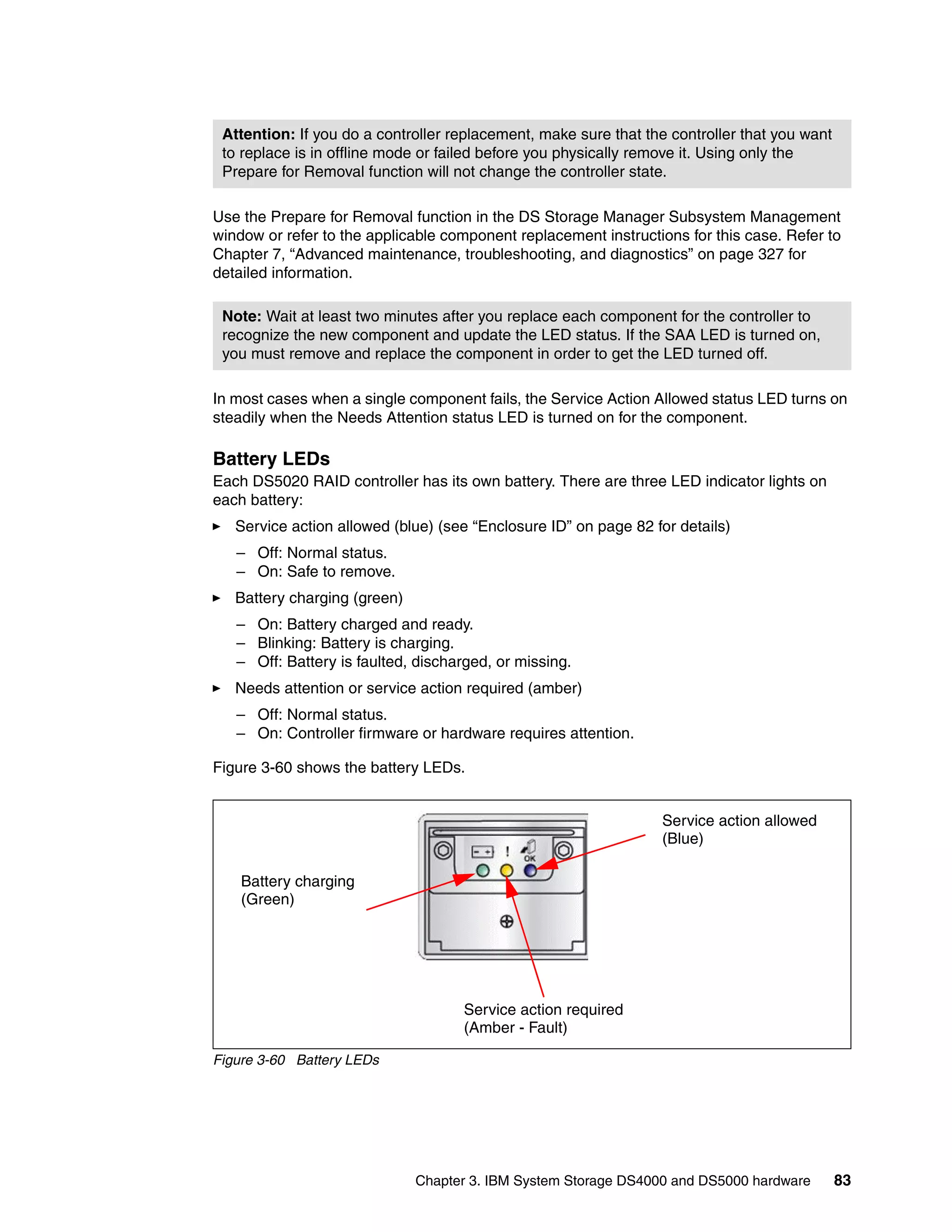 Attention: If you do a controller replacement, make sure that the controller that you want
 to replace is in offline mode or failed before you physically remove it. Using only the
 Prepare for Removal function will not change the controller state.

Use the Prepare for Removal function in the DS Storage Manager Subsystem Management
window or refer to the applicable component replacement instructions for this case. Refer to
Chapter 7, “Advanced maintenance, troubleshooting, and diagnostics” on page 327 for
detailed information.

 Note: Wait at least two minutes after you replace each component for the controller to
 recognize the new component and update the LED status. If the SAA LED is turned on,
 you must remove and replace the component in order to get the LED turned off.

In most cases when a single component fails, the Service Action Allowed status LED turns on
steadily when the Needs Attention status LED is turned on for the component.

Battery LEDs
Each DS5020 RAID controller has its own battery. There are three LED indicator lights on
each battery:
   Service action allowed (blue) (see “Enclosure ID” on page 82 for details)
   – Off: Normal status.
   – On: Safe to remove.
   Battery charging (green)
   – On: Battery charged and ready.
   – Blinking: Battery is charging.
   – Off: Battery is faulted, discharged, or missing.
   Needs attention or service action required (amber)
   – Off: Normal status.
   – On: Controller firmware or hardware requires attention.

Figure 3-60 shows the battery LEDs.


                                                                 Service action allowed
                                                                 (Blue)

    Battery charging
    (Green)




                                    Service action required
                                    (Amber - Fault)

Figure 3-60 Battery LEDs




                              Chapter 3. IBM System Storage DS4000 and DS5000 hardware        83
 