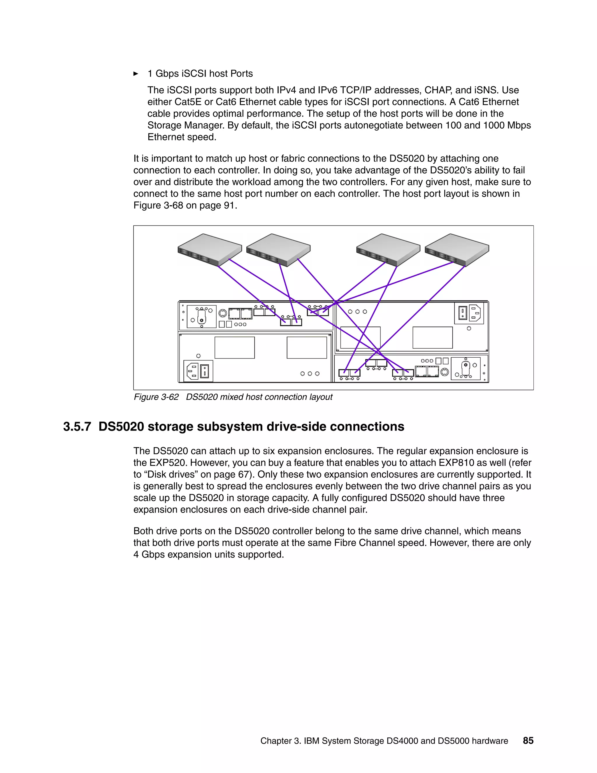 1 Gbps iSCSI host Ports
             The iSCSI ports support both IPv4 and IPv6 TCP/IP addresses, CHAP, and iSNS. Use
             either Cat5E or Cat6 Ethernet cable types for iSCSI port connections. A Cat6 Ethernet
             cable provides optimal performance. The setup of the host ports will be done in the
             Storage Manager. By default, the iSCSI ports autonegotiate between 100 and 1000 Mbps
             Ethernet speed.

          It is important to match up host or fabric connections to the DS5020 by attaching one
          connection to each controller. In doing so, you take advantage of the DS5020’s ability to fail
          over and distribute the workload among the two controllers. For any given host, make sure to
          connect to the same host port number on each controller. The host port layout is shown in
          Figure 3-68 on page 91.




          Figure 3-62 DS5020 mixed host connection layout


3.5.7 DS5020 storage subsystem drive-side connections
          The DS5020 can attach up to six expansion enclosures. The regular expansion enclosure is
          the EXP520. However, you can buy a feature that enables you to attach EXP810 as well (refer
          to “Disk drives” on page 67). Only these two expansion enclosures are currently supported. It
          is generally best to spread the enclosures evenly between the two drive channel pairs as you
          scale up the DS5020 in storage capacity. A fully configured DS5020 should have three
          expansion enclosures on each drive-side channel pair.

          Both drive ports on the DS5020 controller belong to the same drive channel, which means
          that both drive ports must operate at the same Fibre Channel speed. However, there are only
          4 Gbps expansion units supported.




                                        Chapter 3. IBM System Storage DS4000 and DS5000 hardware      85
 