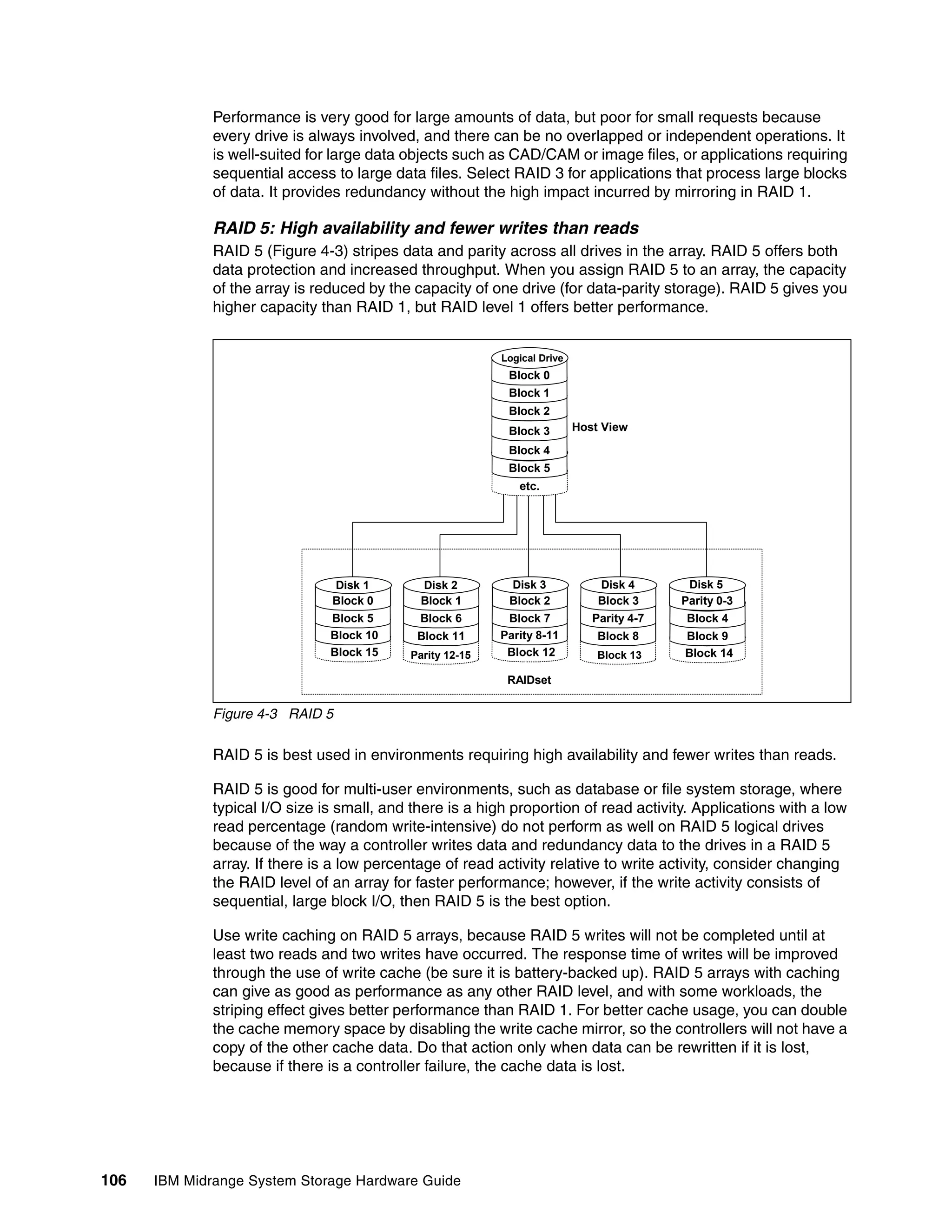 Performance is very good for large amounts of data, but poor for small requests because
              every drive is always involved, and there can be no overlapped or independent operations. It
              is well-suited for large data objects such as CAD/CAM or image files, or applications requiring
              sequential access to large data files. Select RAID 3 for applications that process large blocks
              of data. It provides redundancy without the high impact incurred by mirroring in RAID 1.

              RAID 5: High availability and fewer writes than reads
              RAID 5 (Figure 4-3) stripes data and parity across all drives in the array. RAID 5 offers both
              data protection and increased throughput. When you assign RAID 5 to an array, the capacity
              of the array is reduced by the capacity of one drive (for data-parity storage). RAID 5 gives you
              higher capacity than RAID 1, but RAID level 1 offers better performance.


                                                           Logical Drive
                                                            Block 0
                                                            Block 1
                                                            Block 2
                                                            Block 3        Host View
                                                            Block 4
                                                            Block 5
                                                              etc.




                                Disk 1        Disk 2        Disk 3             Disk 4       Disk 5
                                Block 0       Block 1       Block 2            Block 3     Parity 0-3
                                Block 5       Block 6       Block 7           Parity 4-7    Block 4
                                Block 10     Block 11      Parity 8-11         Block 8     Block 9
                                Block 15    Parity 12-15    Block 12           Block 13    Block 14

                                                            RAIDset


              Figure 4-3 RAID 5

              RAID 5 is best used in environments requiring high availability and fewer writes than reads.

              RAID 5 is good for multi-user environments, such as database or file system storage, where
              typical I/O size is small, and there is a high proportion of read activity. Applications with a low
              read percentage (random write-intensive) do not perform as well on RAID 5 logical drives
              because of the way a controller writes data and redundancy data to the drives in a RAID 5
              array. If there is a low percentage of read activity relative to write activity, consider changing
              the RAID level of an array for faster performance; however, if the write activity consists of
              sequential, large block I/O, then RAID 5 is the best option.

              Use write caching on RAID 5 arrays, because RAID 5 writes will not be completed until at
              least two reads and two writes have occurred. The response time of writes will be improved
              through the use of write cache (be sure it is battery-backed up). RAID 5 arrays with caching
              can give as good as performance as any other RAID level, and with some workloads, the
              striping effect gives better performance than RAID 1. For better cache usage, you can double
              the cache memory space by disabling the write cache mirror, so the controllers will not have a
              copy of the other cache data. Do that action only when data can be rewritten if it is lost,
              because if there is a controller failure, the cache data is lost.




106   IBM Midrange System Storage Hardware Guide
 
