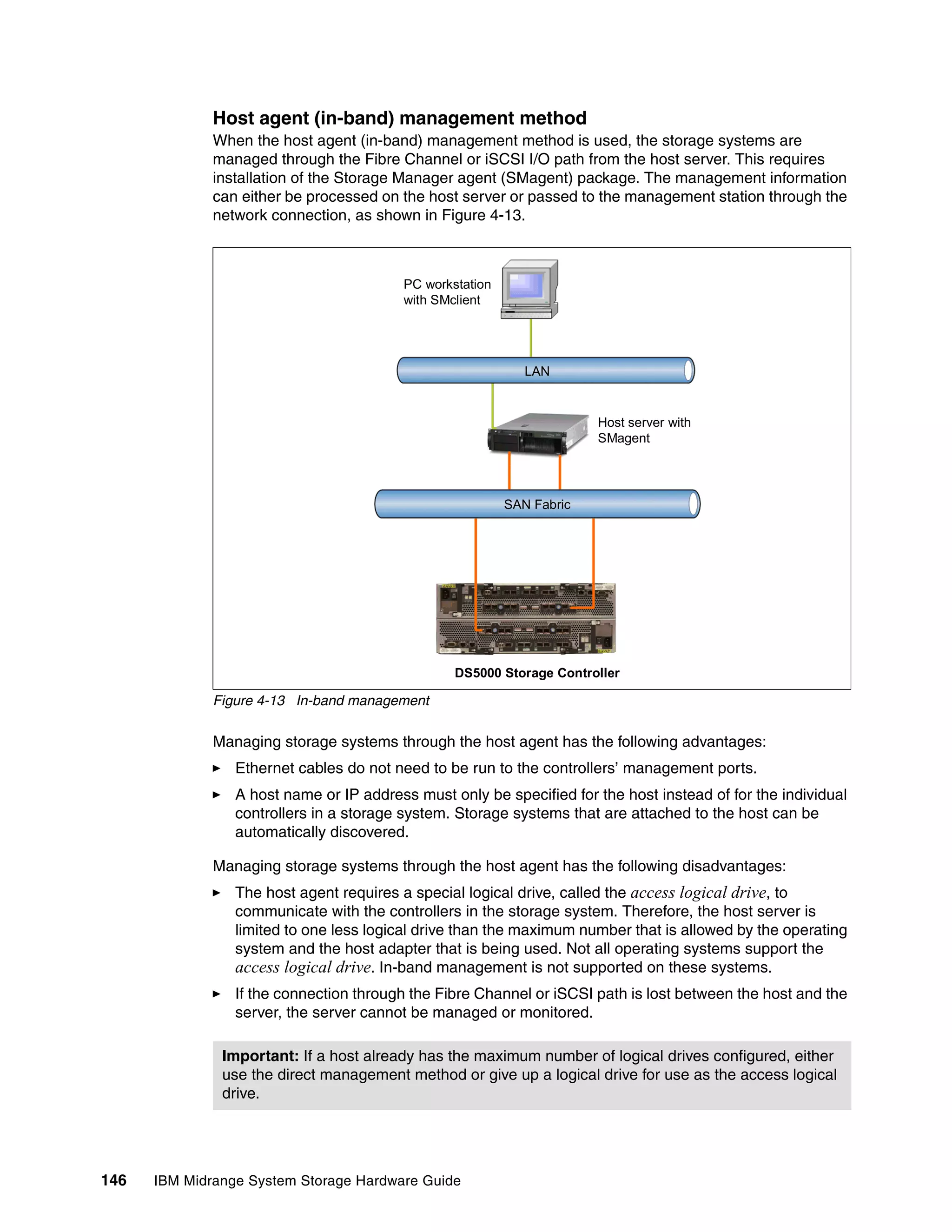 Host agent (in-band) management method
              When the host agent (in-band) management method is used, the storage systems are
              managed through the Fibre Channel or iSCSI I/O path from the host server. This requires
              installation of the Storage Manager agent (SMagent) package. The management information
              can either be processed on the host server or passed to the management station through the
              network connection, as shown in Figure 4-13.



                                          PC workstation
                                          with SMclient




                                                              LAN


                                                                        Host server with
                                                                        SMagent




                                                           SAN Fabric




                                                  DS5000 Storage Controller

              Figure 4-13 In-band management

              Managing storage systems through the host agent has the following advantages:
                 Ethernet cables do not need to be run to the controllers’ management ports.
                 A host name or IP address must only be specified for the host instead of for the individual
                 controllers in a storage system. Storage systems that are attached to the host can be
                 automatically discovered.

              Managing storage systems through the host agent has the following disadvantages:
                 The host agent requires a special logical drive, called the access logical drive, to
                 communicate with the controllers in the storage system. Therefore, the host server is
                 limited to one less logical drive than the maximum number that is allowed by the operating
                 system and the host adapter that is being used. Not all operating systems support the
                 access logical drive. In-band management is not supported on these systems.
                 If the connection through the Fibre Channel or iSCSI path is lost between the host and the
                 server, the server cannot be managed or monitored.

               Important: If a host already has the maximum number of logical drives configured, either
               use the direct management method or give up a logical drive for use as the access logical
               drive.




146   IBM Midrange System Storage Hardware Guide
 