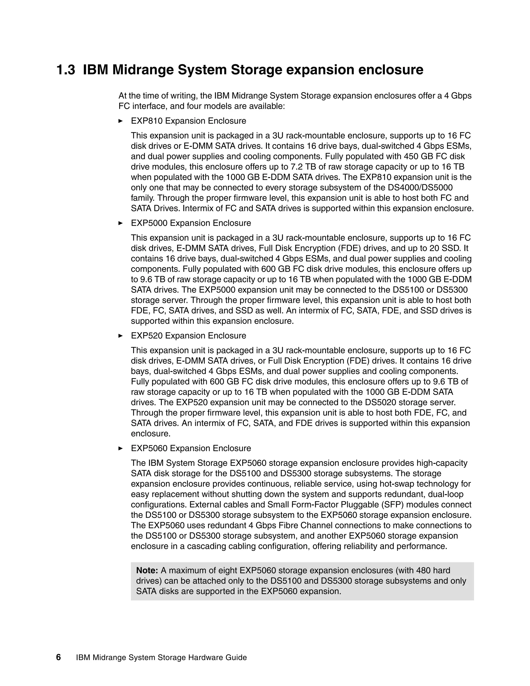 1.3 IBM Midrange System Storage expansion enclosure
              At the time of writing, the IBM Midrange System Storage expansion enclosures offer a 4 Gbps
              FC interface, and four models are available:
                 EXP810 Expansion Enclosure
                 This expansion unit is packaged in a 3U rack-mountable enclosure, supports up to 16 FC
                 disk drives or E-DMM SATA drives. It contains 16 drive bays, dual-switched 4 Gbps ESMs,
                 and dual power supplies and cooling components. Fully populated with 450 GB FC disk
                 drive modules, this enclosure offers up to 7.2 TB of raw storage capacity or up to 16 TB
                 when populated with the 1000 GB E-DDM SATA drives. The EXP810 expansion unit is the
                 only one that may be connected to every storage subsystem of the DS4000/DS5000
                 family. Through the proper firmware level, this expansion unit is able to host both FC and
                 SATA Drives. Intermix of FC and SATA drives is supported within this expansion enclosure.
                 EXP5000 Expansion Enclosure
                 This expansion unit is packaged in a 3U rack-mountable enclosure, supports up to 16 FC
                 disk drives, E-DMM SATA drives, Full Disk Encryption (FDE) drives, and up to 20 SSD. It
                 contains 16 drive bays, dual-switched 4 Gbps ESMs, and dual power supplies and cooling
                 components. Fully populated with 600 GB FC disk drive modules, this enclosure offers up
                 to 9.6 TB of raw storage capacity or up to 16 TB when populated with the 1000 GB E-DDM
                 SATA drives. The EXP5000 expansion unit may be connected to the DS5100 or DS5300
                 storage server. Through the proper firmware level, this expansion unit is able to host both
                 FDE, FC, SATA drives, and SSD as well. An intermix of FC, SATA, FDE, and SSD drives is
                 supported within this expansion enclosure.
                 EXP520 Expansion Enclosure
                 This expansion unit is packaged in a 3U rack-mountable enclosure, supports up to 16 FC
                 disk drives, E-DMM SATA drives, or Full Disk Encryption (FDE) drives. It contains 16 drive
                 bays, dual-switched 4 Gbps ESMs, and dual power supplies and cooling components.
                 Fully populated with 600 GB FC disk drive modules, this enclosure offers up to 9.6 TB of
                 raw storage capacity or up to 16 TB when populated with the 1000 GB E-DDM SATA
                 drives. The EXP520 expansion unit may be connected to the DS5020 storage server.
                 Through the proper firmware level, this expansion unit is able to host both FDE, FC, and
                 SATA drives. An intermix of FC, SATA, and FDE drives is supported within this expansion
                 enclosure.
                 EXP5060 Expansion Enclosure
                 The IBM System Storage EXP5060 storage expansion enclosure provides high-capacity
                 SATA disk storage for the DS5100 and DS5300 storage subsystems. The storage
                 expansion enclosure provides continuous, reliable service, using hot-swap technology for
                 easy replacement without shutting down the system and supports redundant, dual-loop
                 configurations. External cables and Small Form-Factor Pluggable (SFP) modules connect
                 the DS5100 or DS5300 storage subsystem to the EXP5060 storage expansion enclosure.
                 The EXP5060 uses redundant 4 Gbps Fibre Channel connections to make connections to
                 the DS5100 or DS5300 storage subsystem, and another EXP5060 storage expansion
                 enclosure in a cascading cabling configuration, offering reliability and performance.

                  Note: A maximum of eight EXP5060 storage expansion enclosures (with 480 hard
                  drives) can be attached only to the DS5100 and DS5300 storage subsystems and only
                  SATA disks are supported in the EXP5060 expansion.




6   IBM Midrange System Storage Hardware Guide
 