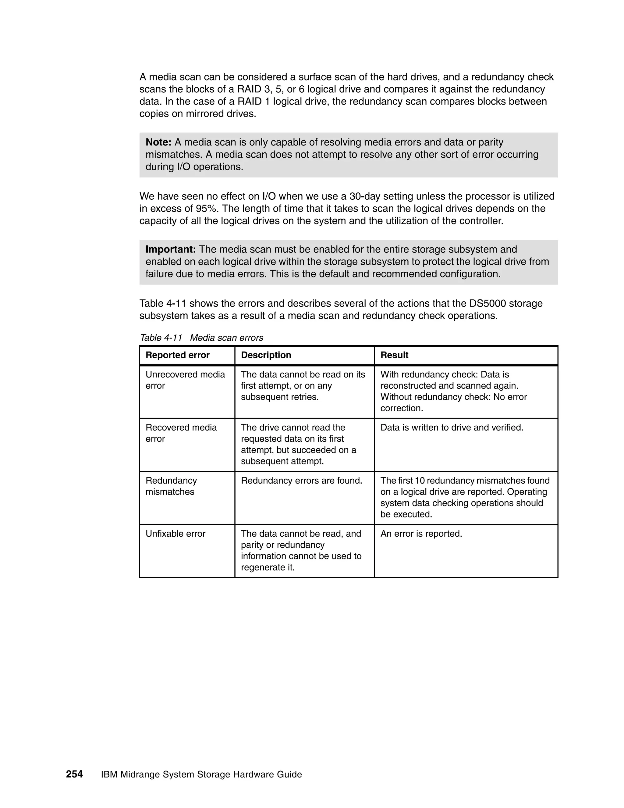 A media scan can be considered a surface scan of the hard drives, and a redundancy check
              scans the blocks of a RAID 3, 5, or 6 logical drive and compares it against the redundancy
              data. In the case of a RAID 1 logical drive, the redundancy scan compares blocks between
              copies on mirrored drives.

               Note: A media scan is only capable of resolving media errors and data or parity
               mismatches. A media scan does not attempt to resolve any other sort of error occurring
               during I/O operations.

              We have seen no effect on I/O when we use a 30-day setting unless the processor is utilized
              in excess of 95%. The length of time that it takes to scan the logical drives depends on the
              capacity of all the logical drives on the system and the utilization of the controller.

               Important: The media scan must be enabled for the entire storage subsystem and
               enabled on each logical drive within the storage subsystem to protect the logical drive from
               failure due to media errors. This is the default and recommended configuration.

              Table 4-11 shows the errors and describes several of the actions that the DS5000 storage
              subsystem takes as a result of a media scan and redundancy check operations.

              Table 4-11 Media scan errors
               Reported error        Description                      Result

               Unrecovered media     The data cannot be read on its   With redundancy check: Data is
               error                 first attempt, or on any         reconstructed and scanned again.
                                     subsequent retries.              Without redundancy check: No error
                                                                      correction.

               Recovered media       The drive cannot read the        Data is written to drive and verified.
               error                 requested data on its first
                                     attempt, but succeeded on a
                                     subsequent attempt.

               Redundancy            Redundancy errors are found.     The first 10 redundancy mismatches found
               mismatches                                             on a logical drive are reported. Operating
                                                                      system data checking operations should
                                                                      be executed.

               Unfixable error       The data cannot be read, and     An error is reported.
                                     parity or redundancy
                                     information cannot be used to
                                     regenerate it.




254   IBM Midrange System Storage Hardware Guide
 