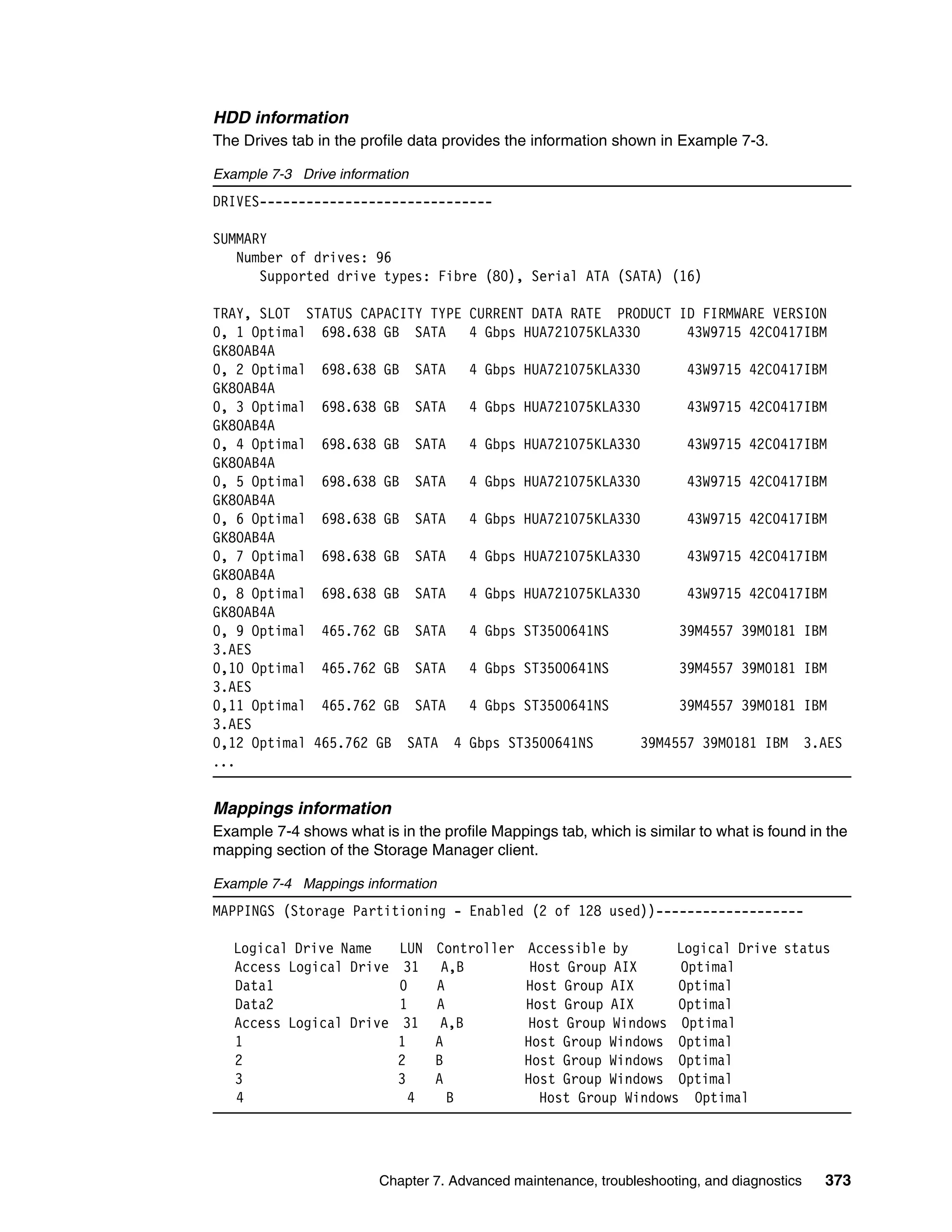 HDD information
The Drives tab in the profile data provides the information shown in Example 7-3.

Example 7-3 Drive information
DRIVES------------------------------

SUMMARY
   Number of drives: 96
      Supported drive types: Fibre (80), Serial ATA (SATA) (16)

TRAY, SLOT STATUS CAPACITY TYPE       CURRENT DATA RATE PRODUCT ID FIRMWARE VERSION
0, 1 Optimal 698.638 GB SATA          4 Gbps HUA721075KLA330     43W9715 42C0417IBM
GK8OAB4A
0, 2 Optimal 698.638 GB SATA          4 Gbps HUA721075KLA330           43W9715 42C0417IBM
GK8OAB4A
0, 3 Optimal 698.638 GB SATA          4 Gbps HUA721075KLA330           43W9715 42C0417IBM
GK8OAB4A
0, 4 Optimal 698.638 GB SATA          4 Gbps HUA721075KLA330           43W9715 42C0417IBM
GK8OAB4A
0, 5 Optimal 698.638 GB SATA          4 Gbps HUA721075KLA330           43W9715 42C0417IBM
GK8OAB4A
0, 6 Optimal 698.638 GB SATA          4 Gbps HUA721075KLA330           43W9715 42C0417IBM
GK8OAB4A
0, 7 Optimal 698.638 GB SATA          4 Gbps HUA721075KLA330           43W9715 42C0417IBM
GK8OAB4A
0, 8 Optimal 698.638 GB SATA          4 Gbps HUA721075KLA330           43W9715 42C0417IBM
GK8OAB4A
0, 9 Optimal 465.762 GB SATA          4 Gbps ST3500641NS              39M4557 39M0181 IBM
3.AES
0,10 Optimal 465.762 GB SATA          4 Gbps ST3500641NS              39M4557 39M0181 IBM
3.AES
0,11 Optimal 465.762 GB SATA          4 Gbps ST3500641NS              39M4557 39M0181 IBM
3.AES
0,12 Optimal 465.762 GB SATA .4       Gbps ST3500641NS .....39M4557 39M0181 IBM. 3.AES
...


Mappings information
Example 7-4 shows what is in the profile Mappings tab, which is similar to what is found in the
mapping section of the Storage Manager client.

Example 7-4 Mappings information
MAPPINGS (Storage Partitioning - Enabled (2 of 128 used))-------------------

   Logical Drive Name      LUN   Controller   Accessible by       Logical Drive status
   Access Logical Drive     31    A,B          Host Group AIX      Optimal
   Data1                   0     A            Host Group AIX      Optimal
   Data2                   1     A            Host Group AIX      Optimal
   Access Logical Drive     31    A,B         Host Group Windows Optimal
   1                       1     A            Host Group Windows Optimal
   2                       2     B            Host Group Windows Optimal
   3                       3     A            Host Group Windows Optimal
   4                         4     B            Host Group Windows Optimal




                        Chapter 7. Advanced maintenance, troubleshooting, and diagnostics   373
 