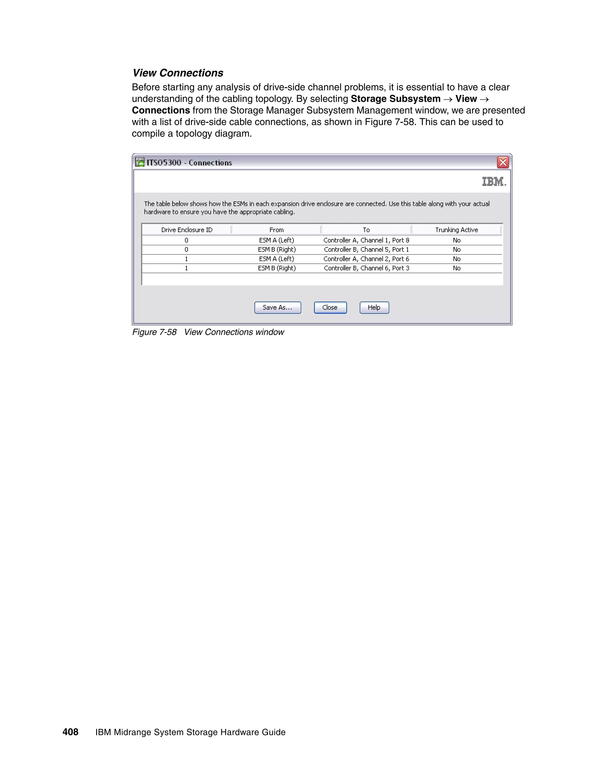 View Connections
              Before starting any analysis of drive-side channel problems, it is essential to have a clear
              understanding of the cabling topology. By selecting Storage Subsystem  View 
              Connections from the Storage Manager Subsystem Management window, we are presented
              with a list of drive-side cable connections, as shown in Figure 7-58. This can be used to
              compile a topology diagram.




              Figure 7-58 View Connections window




408   IBM Midrange System Storage Hardware Guide
 