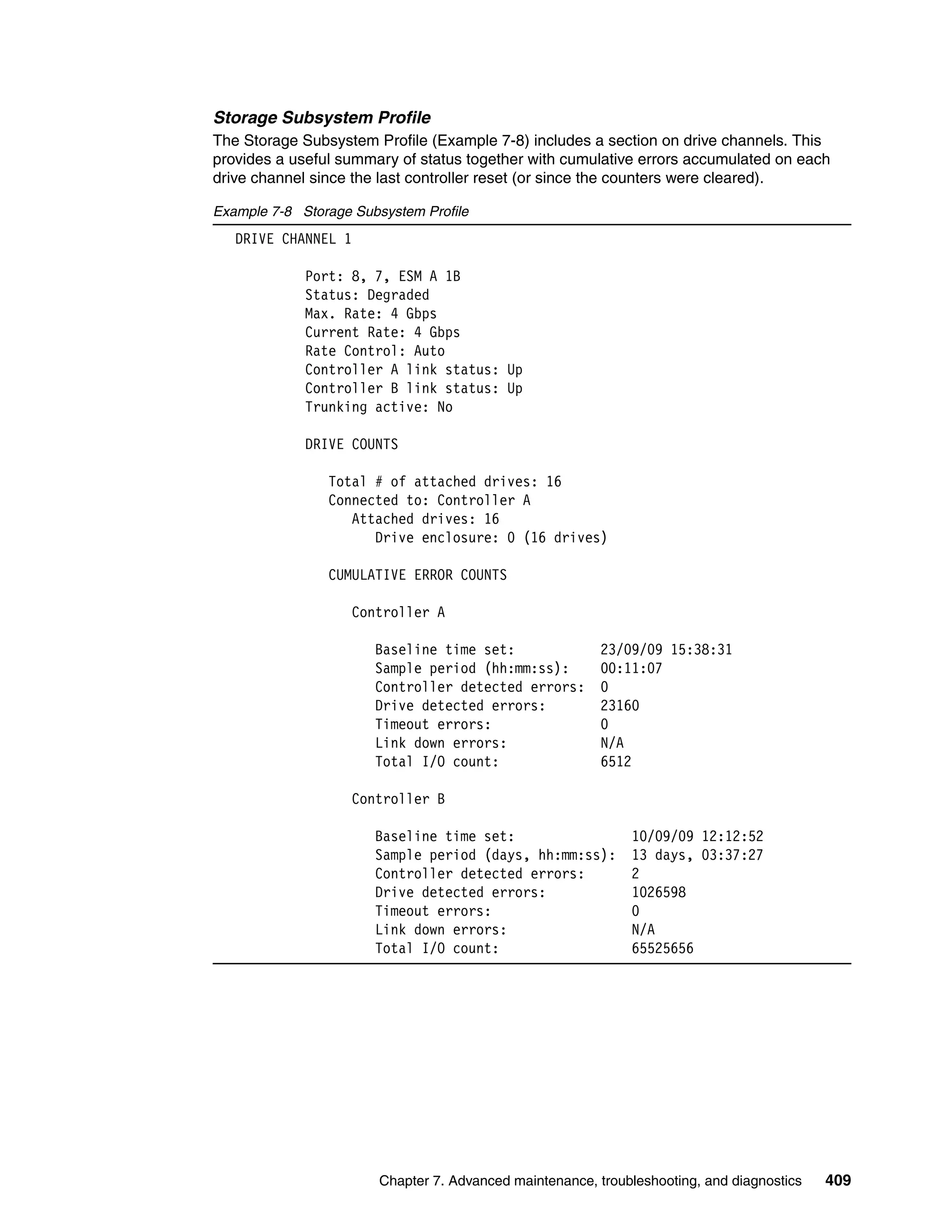 Storage Subsystem Profile
The Storage Subsystem Profile (Example 7-8) includes a section on drive channels. This
provides a useful summary of status together with cumulative errors accumulated on each
drive channel since the last controller reset (or since the counters were cleared).

Example 7-8 Storage Subsystem Profile
   DRIVE CHANNEL 1

             Port: 8, 7, ESM A 1B
             Status: Degraded
             Max. Rate: 4 Gbps
             Current Rate: 4 Gbps
             Rate Control: Auto
             Controller A link status: Up
             Controller B link status: Up
             Trunking active: No

             DRIVE COUNTS

                Total # of attached drives: 16
                Connected to: Controller A
                   Attached drives: 16
                      Drive enclosure: 0 (16 drives)

                CUMULATIVE ERROR COUNTS

                    Controller A

                       Baseline time set:                 23/09/09 15:38:31
                       Sample period (hh:mm:ss):          00:11:07
                       Controller detected errors:        0
                       Drive detected errors:             23160
                       Timeout errors:                    0
                       Link down errors:                  N/A
                       Total I/O count:                   6512

                    Controller B

                       Baseline time set:                     10/09/09 12:12:52
                       Sample period (days, hh:mm:ss):        13 days, 03:37:27
                       Controller detected errors:            2
                       Drive detected errors:                 1026598
                       Timeout errors:                        0
                       Link down errors:                      N/A
                       Total I/O count:                       65525656




                        Chapter 7. Advanced maintenance, troubleshooting, and diagnostics   409
 