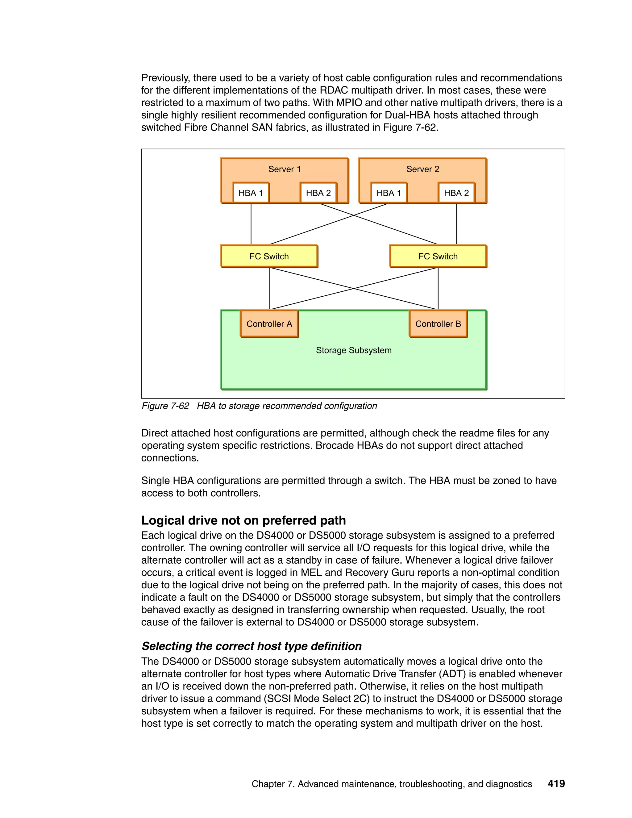 Previously, there used to be a variety of host cable configuration rules and recommendations
for the different implementations of the RDAC multipath driver. In most cases, these were
restricted to a maximum of two paths. With MPIO and other native multipath drivers, there is a
single highly resilient recommended configuration for Dual-HBA hosts attached through
switched Fibre Channel SAN fabrics, as illustrated in Figure 7-62.



                              Server 1                          Server 2

                      HBA 1              HBA 2          HBA 1              HBA 2




                        FC Switch                                 FC Switch




                        Controller A                              Controller B


                                           Storage Subsystem




Figure 7-62 HBA to storage recommended configuration

Direct attached host configurations are permitted, although check the readme files for any
operating system specific restrictions. Brocade HBAs do not support direct attached
connections.

Single HBA configurations are permitted through a switch. The HBA must be zoned to have
access to both controllers.

Logical drive not on preferred path
Each logical drive on the DS4000 or DS5000 storage subsystem is assigned to a preferred
controller. The owning controller will service all I/O requests for this logical drive, while the
alternate controller will act as a standby in case of failure. Whenever a logical drive failover
occurs, a critical event is logged in MEL and Recovery Guru reports a non-optimal condition
due to the logical drive not being on the preferred path. In the majority of cases, this does not
indicate a fault on the DS4000 or DS5000 storage subsystem, but simply that the controllers
behaved exactly as designed in transferring ownership when requested. Usually, the root
cause of the failover is external to DS4000 or DS5000 storage subsystem.

Selecting the correct host type definition
The DS4000 or DS5000 storage subsystem automatically moves a logical drive onto the
alternate controller for host types where Automatic Drive Transfer (ADT) is enabled whenever
an I/O is received down the non-preferred path. Otherwise, it relies on the host multipath
driver to issue a command (SCSI Mode Select 2C) to instruct the DS4000 or DS5000 storage
subsystem when a failover is required. For these mechanisms to work, it is essential that the
host type is set correctly to match the operating system and multipath driver on the host.




                         Chapter 7. Advanced maintenance, troubleshooting, and diagnostics   419
 