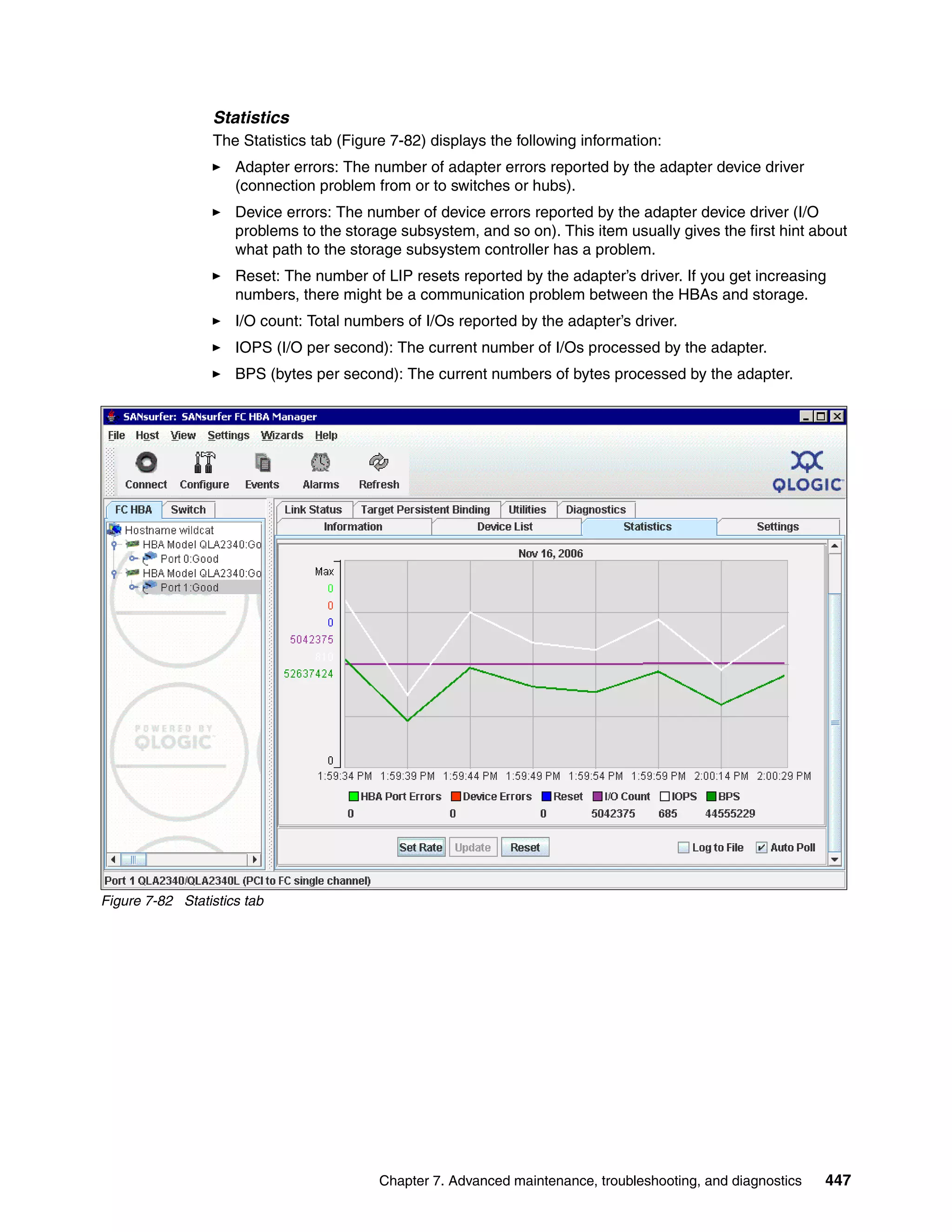 Statistics
                 The Statistics tab (Figure 7-82) displays the following information:
                     Adapter errors: The number of adapter errors reported by the adapter device driver
                     (connection problem from or to switches or hubs).
                     Device errors: The number of device errors reported by the adapter device driver (I/O
                     problems to the storage subsystem, and so on). This item usually gives the first hint about
                     what path to the storage subsystem controller has a problem.
                     Reset: The number of LIP resets reported by the adapter’s driver. If you get increasing
                     numbers, there might be a communication problem between the HBAs and storage.
                     I/O count: Total numbers of I/Os reported by the adapter’s driver.
                     IOPS (I/O per second): The current number of I/Os processed by the adapter.
                     BPS (bytes per second): The current numbers of bytes processed by the adapter.




Figure 7-82 Statistics tab




                                          Chapter 7. Advanced maintenance, troubleshooting, and diagnostics   447
 