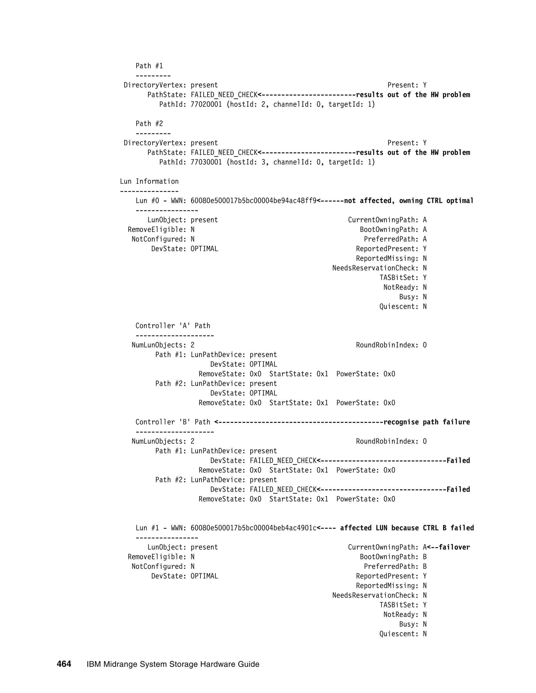 Path #1
                  ---------
               DirectoryVertex: present                                           Present: Y
                     PathState: FAILED_NEED_CHECK<------------------------results out of the HW problem
                        PathId: 77020001 (hostId: 2, channelId: 0, targetId: 1)

                  Path #2
                  ---------
               DirectoryVertex: present                                           Present: Y
                     PathState: FAILED_NEED_CHECK<------------------------results out of the HW problem
                        PathId: 77030001 (hostId: 3, channelId: 0, targetId: 1)

              Lun Information
              ---------------
                  Lun #0 - WWN: 60080e500017b5bc00004be94ac48ff9<------not affected, owning CTRL optimal
                  ----------------
                     LunObject: present                                 CurrentOwningPath: A
                RemoveEligible: N                                          BootOwningPath: A
                 NotConfigured: N                                           PreferredPath: A
                      DevState: OPTIMAL                                   ReportedPresent: Y
                                                                          ReportedMissing: N
                                                                    NeedsReservationCheck: N
                                                                                TASBitSet: Y
                                                                                 NotReady: N
                                                                                     Busy: N
                                                                                Quiescent: N

                  Controller 'A' Path
                  --------------------
                 NumLunObjects: 2                                          RoundRobinIndex: 0
                       Path #1: LunPathDevice:    present
                                      DevState:   OPTIMAL
                                  RemoveState:    0x0 StartState: 0x1 PowerState: 0x0
                       Path #2: LunPathDevice:    present
                                      DevState:   OPTIMAL
                                  RemoveState:    0x0 StartState: 0x1 PowerState: 0x0

                  Controller 'B' Path <------------------------------------------recognise path failure
                  --------------------
                 NumLunObjects: 2                                         RoundRobinIndex: 0
                       Path #1: LunPathDevice: present
                                     DevState: FAILED_NEED_CHECK<--------------------------------Failed
                                  RemoveState: 0x0 StartState: 0x1 PowerState: 0x0
                       Path #2: LunPathDevice: present
                                     DevState: FAILED_NEED_CHECK<--------------------------------Failed
                                  RemoveState: 0x0 StartState: 0x1 PowerState: 0x0


                  Lun #1 - WWN: 60080e500017b5bc00004beb4ac4901c<---- affected LUN because   CTRL B failed
                  ----------------
                     LunObject: present                                 CurrentOwningPath:   A<--failover
                RemoveEligible: N                                          BootOwningPath:   B
                 NotConfigured: N                                           PreferredPath:   B
                      DevState: OPTIMAL                                   ReportedPresent:   Y
                                                                          ReportedMissing:   N
                                                                    NeedsReservationCheck:   N
                                                                                TASBitSet:   Y
                                                                                 NotReady:   N
                                                                                     Busy:   N
                                                                                Quiescent:   N


464   IBM Midrange System Storage Hardware Guide
 