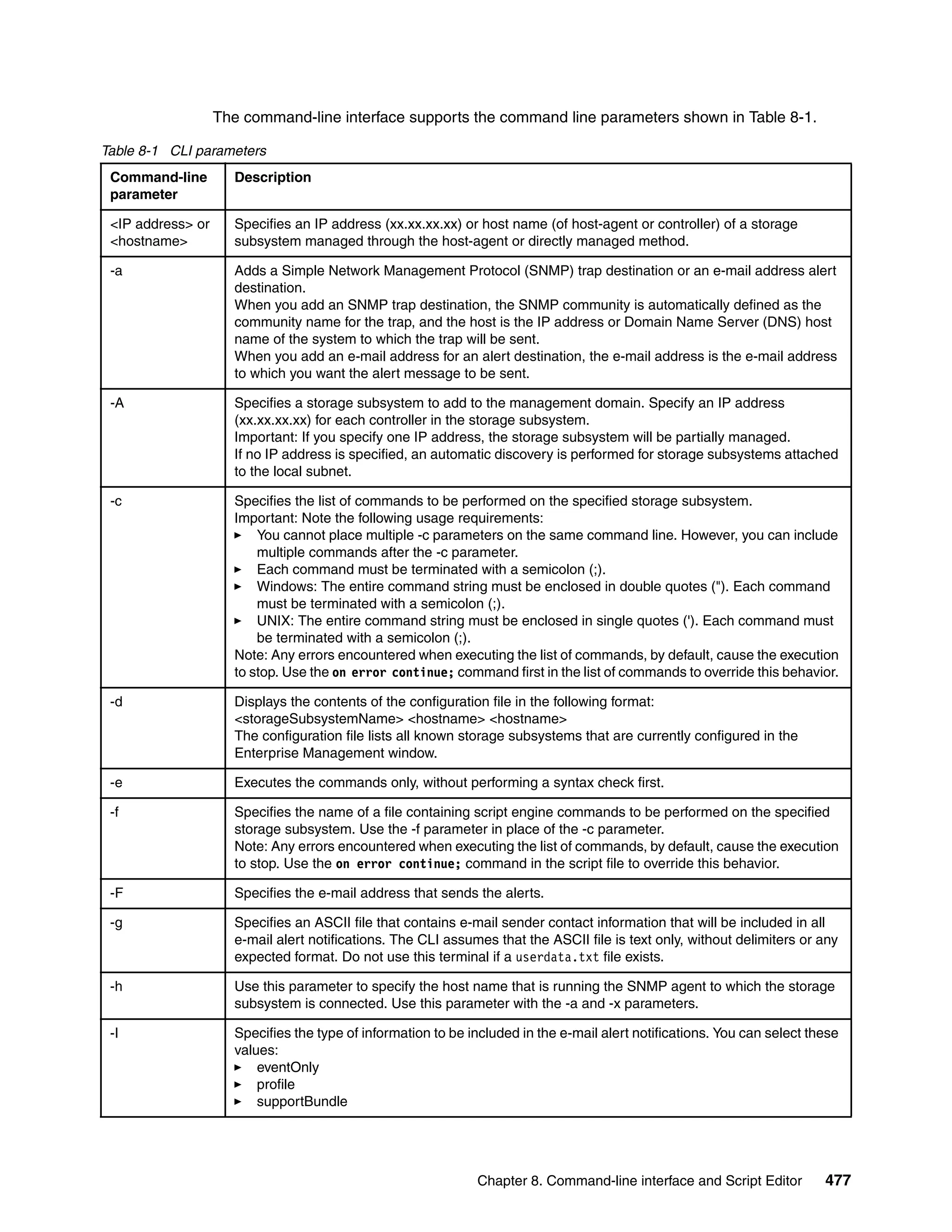 The command-line interface supports the command line parameters shown in Table 8-1.

Table 8-1 CLI parameters
 Command-line        Description
 parameter

 <IP address> or     Specifies an IP address (xx.xx.xx.xx) or host name (of host-agent or controller) of a storage
 <hostname>          subsystem managed through the host-agent or directly managed method.

 -a                  Adds a Simple Network Management Protocol (SNMP) trap destination or an e-mail address alert
                     destination.
                     When you add an SNMP trap destination, the SNMP community is automatically defined as the
                     community name for the trap, and the host is the IP address or Domain Name Server (DNS) host
                     name of the system to which the trap will be sent.
                     When you add an e-mail address for an alert destination, the e-mail address is the e-mail address
                     to which you want the alert message to be sent.

 -A                  Specifies a storage subsystem to add to the management domain. Specify an IP address
                     (xx.xx.xx.xx) for each controller in the storage subsystem.
                     Important: If you specify one IP address, the storage subsystem will be partially managed.
                     If no IP address is specified, an automatic discovery is performed for storage subsystems attached
                     to the local subnet.

 -c                  Specifies the list of commands to be performed on the specified storage subsystem.
                     Important: Note the following usage requirements:
                         You cannot place multiple -c parameters on the same command line. However, you can include
                         multiple commands after the -c parameter.
                         Each command must be terminated with a semicolon (;).
                         Windows: The entire command string must be enclosed in double quotes ("). Each command
                         must be terminated with a semicolon (;).
                         UNIX: The entire command string must be enclosed in single quotes ('). Each command must
                         be terminated with a semicolon (;).
                     Note: Any errors encountered when executing the list of commands, by default, cause the execution
                     to stop. Use the on error continue; command first in the list of commands to override this behavior.

 -d                  Displays the contents of the configuration file in the following format:
                     <storageSubsystemName> <hostname> <hostname>
                     The configuration file lists all known storage subsystems that are currently configured in the
                     Enterprise Management window.

 -e                  Executes the commands only, without performing a syntax check first.

 -f                  Specifies the name of a file containing script engine commands to be performed on the specified
                     storage subsystem. Use the -f parameter in place of the -c parameter.
                     Note: Any errors encountered when executing the list of commands, by default, cause the execution
                     to stop. Use the on error continue; command in the script file to override this behavior.

 -F                  Specifies the e-mail address that sends the alerts.

 -g                  Specifies an ASCII file that contains e-mail sender contact information that will be included in all
                     e-mail alert notifications. The CLI assumes that the ASCII file is text only, without delimiters or any
                     expected format. Do not use this terminal if a userdata.txt file exists.

 -h                  Use this parameter to specify the host name that is running the SNMP agent to which the storage
                     subsystem is connected. Use this parameter with the -a and -x parameters.

 -I                  Specifies the type of information to be included in the e-mail alert notifications. You can select these
                     values:
                         eventOnly
                         profile
                         supportBundle




                                                              Chapter 8. Command-line interface and Script Editor         477
 