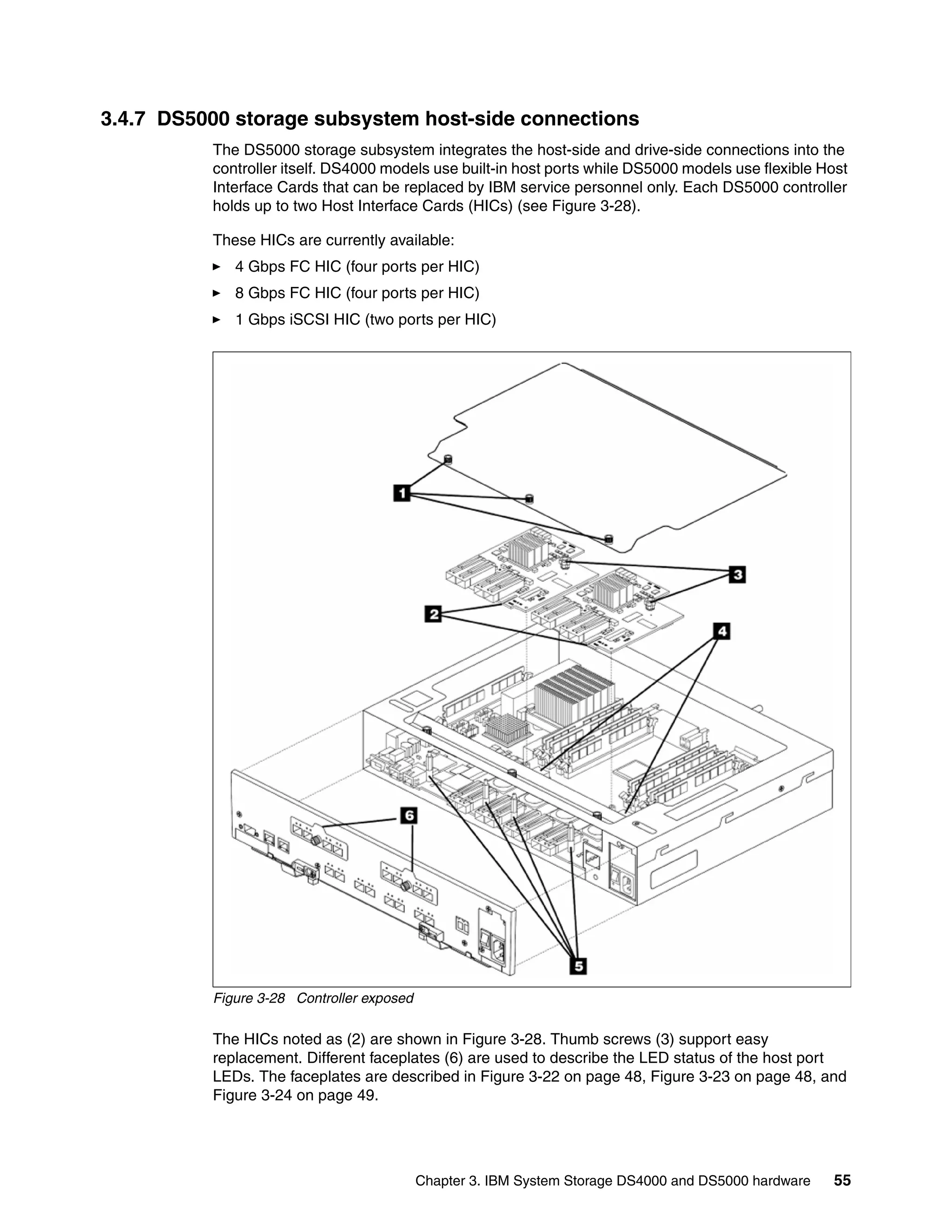 3.4.7 DS5000 storage subsystem host-side connections
          The DS5000 storage subsystem integrates the host-side and drive-side connections into the
          controller itself. DS4000 models use built-in host ports while DS5000 models use flexible Host
          Interface Cards that can be replaced by IBM service personnel only. Each DS5000 controller
          holds up to two Host Interface Cards (HICs) (see Figure 3-28).

          These HICs are currently available:
             4 Gbps FC HIC (four ports per HIC)
             8 Gbps FC HIC (four ports per HIC)
             1 Gbps iSCSI HIC (two ports per HIC)




          Figure 3-28 Controller exposed

          The HICs noted as (2) are shown in Figure 3-28. Thumb screws (3) support easy
          replacement. Different faceplates (6) are used to describe the LED status of the host port
          LEDs. The faceplates are described in Figure 3-22 on page 48, Figure 3-23 on page 48, and
          Figure 3-24 on page 49.




                                           Chapter 3. IBM System Storage DS4000 and DS5000 hardware   55
 