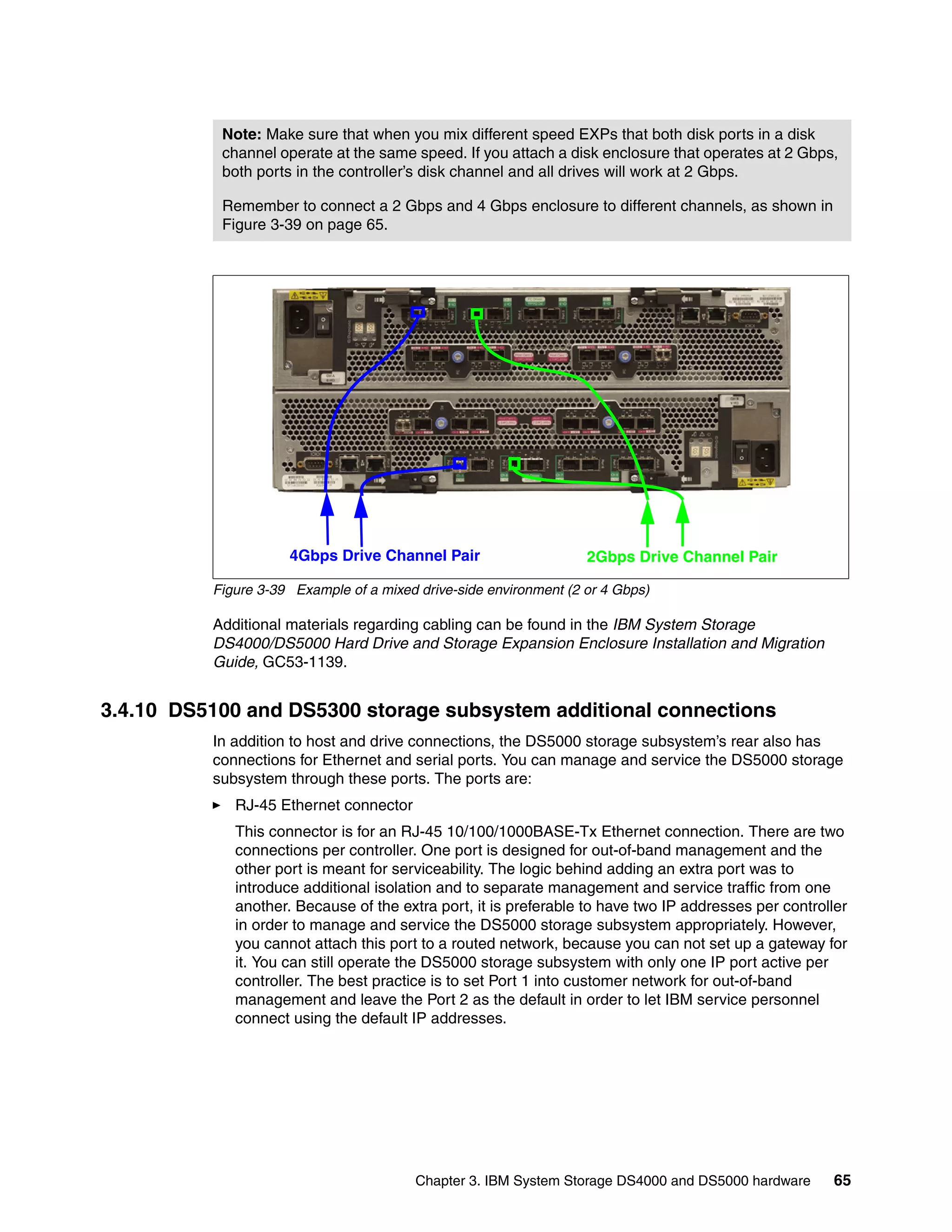 Note: Make sure that when you mix different speed EXPs that both disk ports in a disk
           channel operate at the same speed. If you attach a disk enclosure that operates at 2 Gbps,
           both ports in the controller’s disk channel and all drives will work at 2 Gbps.

           Remember to connect a 2 Gbps and 4 Gbps enclosure to different channels, as shown in
           Figure 3-39 on page 65.




                     4Gbps Drive Channel Pair                      2Gbps Drive Channel Pair

          Figure 3-39 Example of a mixed drive-side environment (2 or 4 Gbps)

          Additional materials regarding cabling can be found in the IBM System Storage
          DS4000/DS5000 Hard Drive and Storage Expansion Enclosure Installation and Migration
          Guide, GC53-1139.


3.4.10 DS5100 and DS5300 storage subsystem additional connections
          In addition to host and drive connections, the DS5000 storage subsystem’s rear also has
          connections for Ethernet and serial ports. You can manage and service the DS5000 storage
          subsystem through these ports. The ports are:
             RJ-45 Ethernet connector
             This connector is for an RJ-45 10/100/1000BASE-Tx Ethernet connection. There are two
             connections per controller. One port is designed for out-of-band management and the
             other port is meant for serviceability. The logic behind adding an extra port was to
             introduce additional isolation and to separate management and service traffic from one
             another. Because of the extra port, it is preferable to have two IP addresses per controller
             in order to manage and service the DS5000 storage subsystem appropriately. However,
             you cannot attach this port to a routed network, because you can not set up a gateway for
             it. You can still operate the DS5000 storage subsystem with only one IP port active per
             controller. The best practice is to set Port 1 into customer network for out-of-band
             management and leave the Port 2 as the default in order to let IBM service personnel
             connect using the default IP addresses.




                                         Chapter 3. IBM System Storage DS4000 and DS5000 hardware      65
 