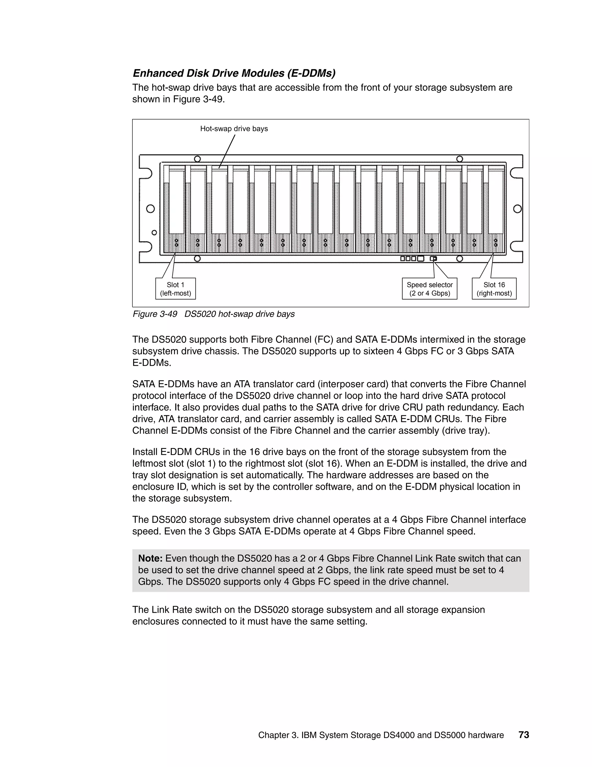 Enhanced Disk Drive Modules (E-DDMs)
The hot-swap drive bays that are accessible from the front of your storage subsystem are
shown in Figure 3-49.

                    Hot-swap drive bays




         Slot 1                                                      Speed selector      Slot 16
      (left-most)                                                     (2 or 4 Gbps)   (right-most)


Figure 3-49 DS5020 hot-swap drive bays

The DS5020 supports both Fibre Channel (FC) and SATA E-DDMs intermixed in the storage
subsystem drive chassis. The DS5020 supports up to sixteen 4 Gbps FC or 3 Gbps SATA
E-DDMs.

SATA E-DDMs have an ATA translator card (interposer card) that converts the Fibre Channel
protocol interface of the DS5020 drive channel or loop into the hard drive SATA protocol
interface. It also provides dual paths to the SATA drive for drive CRU path redundancy. Each
drive, ATA translator card, and carrier assembly is called SATA E-DDM CRUs. The Fibre
Channel E-DDMs consist of the Fibre Channel and the carrier assembly (drive tray).

Install E-DDM CRUs in the 16 drive bays on the front of the storage subsystem from the
leftmost slot (slot 1) to the rightmost slot (slot 16). When an E-DDM is installed, the drive and
tray slot designation is set automatically. The hardware addresses are based on the
enclosure ID, which is set by the controller software, and on the E-DDM physical location in
the storage subsystem.

The DS5020 storage subsystem drive channel operates at a 4 Gbps Fibre Channel interface
speed. Even the 3 Gbps SATA E-DDMs operate at 4 Gbps Fibre Channel speed.

 Note: Even though the DS5020 has a 2 or 4 Gbps Fibre Channel Link Rate switch that can
 be used to set the drive channel speed at 2 Gbps, the link rate speed must be set to 4
 Gbps. The DS5020 supports only 4 Gbps FC speed in the drive channel.

The Link Rate switch on the DS5020 storage subsystem and all storage expansion
enclosures connected to it must have the same setting.




                                    Chapter 3. IBM System Storage DS4000 and DS5000 hardware         73
 
