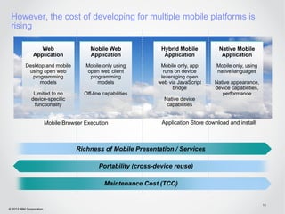 However, the cost of developing for multiple mobile platforms is
 rising

                  Web                      Mobile Web               Hybrid Mobile          Native Mobile
               Application                 Application               Application            Application
          Desktop and mobile            Mobile only using           Mobile only, app      Mobile only, using
           using open web               open web client              runs on device       native languages
            programming                  programming                leveraging open
               models                       models                 web via JavaScript    Native appearance,
                                                                         bridge          device capabilities,
               Limited to no            Off-line capabilities                               performance
              device-specific                                        Native device
               functionality                                          capabilities


                         Mobile Browser Execution                   Application Store download and install



                                     Richness of Mobile Presentation / Services

                                               Portability (cross-device reuse)

                                                 Maintenance Cost (TCO)


                                                                                                                10
© 2012 IBM Corporation
 
