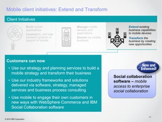 Mobile client initiatives: Extend and Transform
  Client Initiatives
                         Build mobile          Manage mobile             Extend existing
                         applications          devices and               business capabilities
                         Connect to, and run   applications              to mobile devices
                         backend systems in    Secure my mobile          Transform the
                         support of mobile     business                  business by creating
                                                                         new opportunities




 Customers can now
    •  Use our strategy and planning services to build a
       mobile strategy and transform their business
                                                                  Social collaboration
    •  Use our industry frameworks and solutions                  software – mobile
       delivered via software, strategy, managed                  access to enterprise
       services and business process consulting                   social collaboration
    •  Use mobile to engage their own customers in
       new ways with WebSphere Commerce and IBM
       Social Collaboration software

                                                                                         21
© 2012 IBM Corporation
 