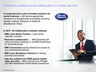 Extending desktop social collaboration to mobile devices

 A comprehensive suite of mobile solutions for
 social business - with device-appropriate
 interfaces for Smartphones and tablets including:
 Apple®, Android, Research In Motion®
 BlackBerry®, Nokia


 In 2011: 44 collaboration software releases
 • IBM Lotus Notes Traveler -- push email,
   calendar, contacts
 • Real-time collaboration – IBM Sametime IM
   chat and online meetings or via IBM SmartCloud
   for Social Business
 • IBM Connections social software for access to
   your professional network
 • IBM Lotus Symphony Viewers for viewing
   business documents
 • App dev software for HTML-based mobile
   apps and sites – IBM Lotus Domino XPages
   and IBM WebSphere Portal Mobile Experience

                                                            22
© 2012 IBM Corporation
 
