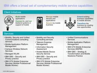 IBM offers a broad set of complementary mobile service capabilities

  Client Initiatives
                         Build mobile                       Manage mobile                       Extend existing
                         applications                       devices and                         business capabilities
                         Connect to, and run                applications                        to mobile devices
                         backend systems in                 Secure my mobile                    Transform the
                         support of mobile                  business                            business by creating
                                                                                                new opportunities


  Services
  •  Mobility, Security and Unified            •  Mobility and Security            •  Unified Communications
     Communications consulting                    Consulting services                 Services
     services                                  •  Telecom Expense                  •  Mobile Application Platform
  •  Mobile Application Platform                  Management                          Management
     Management                                •  Information Security             •  IBM GTS Mobile Enterprise
  •  Campus Wireless Network                      Assessment                          Services (MAPM)
     Services                                  •  Hosted Mobile Device             •  IBM GBS – Strategy &
  •  Managed WLAN                                 Security Service                    Transformation and Mobile
  •  IBM GBS – Security and                    •  IBM GBS – Security and              Solutions Practice
     Privacy practice                             Privacy practice
  •  IBM GTS Mobile Enterprise                 •  IBM GTS Mobile Enterprise
     Services (Mobile Professional/               Services (Mobile Professional/
     Mobile Worker)                               Mobile Worker)

                                                                                                                24
© 2012 IBM Corporation
 