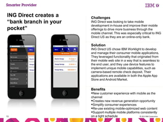ING Direct creates a
“bank branch in your
pocket”

Challenges
ING Direct was looking to take mobile
development in-house and improve their mobile
offerings to drive more business through the
mobile channel. This was especially critical to ING
Direct US as they are an online-only bank.

Solution
ING Direct US chose IBM Worklight to develop
and manage their consumer mobile applications.
They leveraged functionality that originated from
their mobile web site in a way that is seamless to
the end user, and they use device features to
implement unique mobile capabilities, such as
camera-based remote check deposit. Their
applications are available in both the Apple App
Store and Android Market.

Benefits
New customer experience with mobile as the

51

channel
Creates new revenue generation opportunity
Simplify consumer experiences
Re-use existing mobile-optimized web content
Support multiple mobile platforms consistently
© 2013 IBM Corporation
on a tight schedule

 