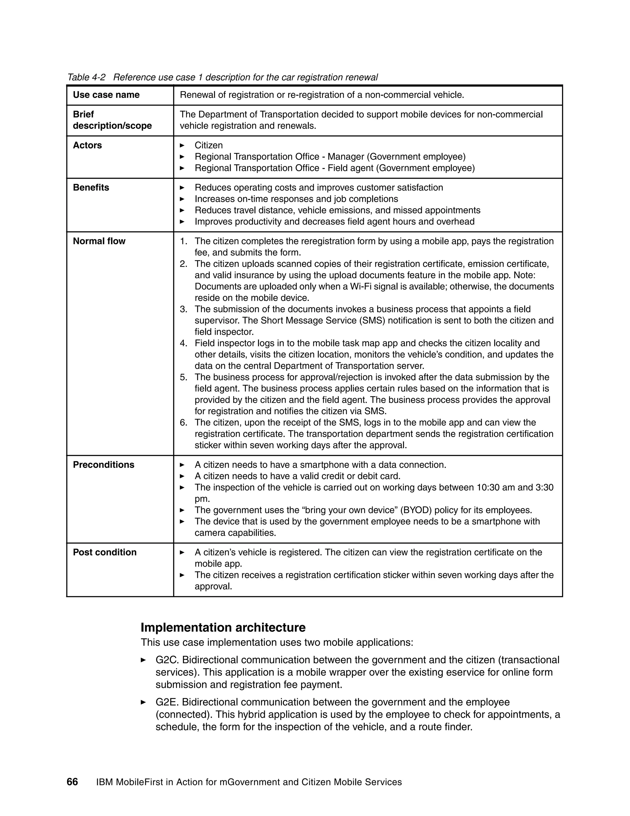 66 IBM MobileFirst in Action for mGovernment and Citizen Mobile Services
Table 4-2 Reference use case 1 description for the car registration renewal
Implementation architecture
This use case implementation uses two mobile applications:
G2C. Bidirectional communication between the government and the citizen (transactional
services). This application is a mobile wrapper over the existing eservice for online form
submission and registration fee payment.
G2E. Bidirectional communication between the government and the employee
(connected). This hybrid application is used by the employee to check for appointments, a
schedule, the form for the inspection of the vehicle, and a route finder.
Use case name Renewal of registration or re-registration of a non-commercial vehicle.
Brief
description/scope
The Department of Transportation decided to support mobile devices for non-commercial
vehicle registration and renewals.
Actors Citizen
Regional Transportation Office - Manager (Government employee)
Regional Transportation Office - Field agent (Government employee)
Benefits Reduces operating costs and improves customer satisfaction
Increases on-time responses and job completions
Reduces travel distance, vehicle emissions, and missed appointments
Improves productivity and decreases field agent hours and overhead
Normal flow 1. The citizen completes the reregistration form by using a mobile app, pays the registration
fee, and submits the form.
2. The citizen uploads scanned copies of their registration certificate, emission certificate,
and valid insurance by using the upload documents feature in the mobile app. Note:
Documents are uploaded only when a Wi-Fi signal is available; otherwise, the documents
reside on the mobile device.
3. The submission of the documents invokes a business process that appoints a field
supervisor. The Short Message Service (SMS) notification is sent to both the citizen and
field inspector.
4. Field inspector logs in to the mobile task map app and checks the citizen locality and
other details, visits the citizen location, monitors the vehicle’s condition, and updates the
data on the central Department of Transportation server.
5. The business process for approval/rejection is invoked after the data submission by the
field agent. The business process applies certain rules based on the information that is
provided by the citizen and the field agent. The business process provides the approval
for registration and notifies the citizen via SMS.
6. The citizen, upon the receipt of the SMS, logs in to the mobile app and can view the
registration certificate. The transportation department sends the registration certification
sticker within seven working days after the approval.
Preconditions A citizen needs to have a smartphone with a data connection.
A citizen needs to have a valid credit or debit card.
The inspection of the vehicle is carried out on working days between 10:30 am and 3:30
pm.
The government uses the “bring your own device” (BYOD) policy for its employees.
The device that is used by the government employee needs to be a smartphone with
camera capabilities.
Post condition A citizen’s vehicle is registered. The citizen can view the registration certificate on the
mobile app.
The citizen receives a registration certification sticker within seven working days after the
approval.
 