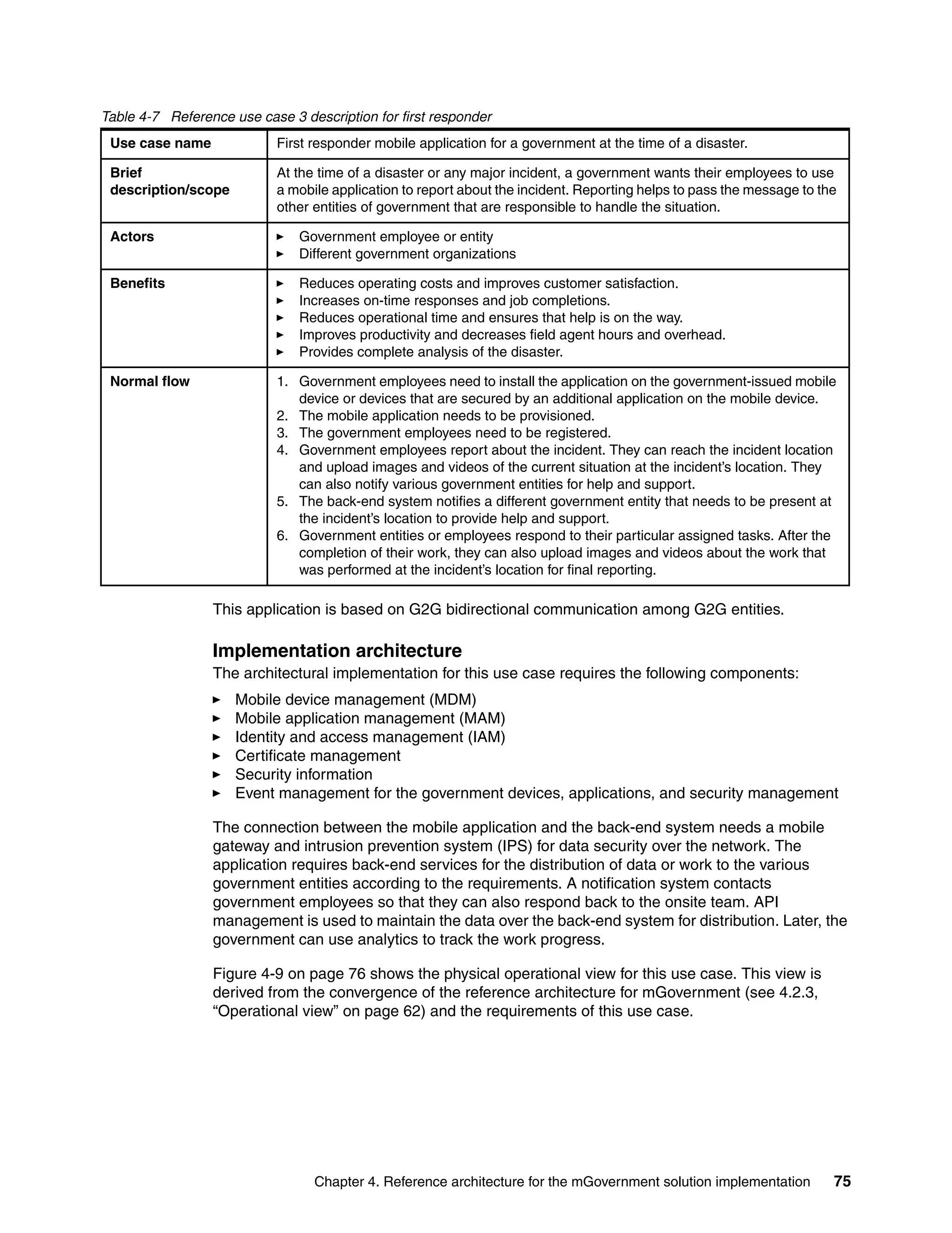 Chapter 4. Reference architecture for the mGovernment solution implementation 75
Table 4-7 Reference use case 3 description for first responder
This application is based on G2G bidirectional communication among G2G entities.
Implementation architecture
The architectural implementation for this use case requires the following components:
Mobile device management (MDM)
Mobile application management (MAM)
Identity and access management (IAM)
Certificate management
Security information
Event management for the government devices, applications, and security management
The connection between the mobile application and the back-end system needs a mobile
gateway and intrusion prevention system (IPS) for data security over the network. The
application requires back-end services for the distribution of data or work to the various
government entities according to the requirements. A notification system contacts
government employees so that they can also respond back to the onsite team. API
management is used to maintain the data over the back-end system for distribution. Later, the
government can use analytics to track the work progress.
Figure 4-9 on page 76 shows the physical operational view for this use case. This view is
derived from the convergence of the reference architecture for mGovernment (see 4.2.3,
“Operational view” on page 62) and the requirements of this use case.
Use case name First responder mobile application for a government at the time of a disaster.
Brief
description/scope
At the time of a disaster or any major incident, a government wants their employees to use
a mobile application to report about the incident. Reporting helps to pass the message to the
other entities of government that are responsible to handle the situation.
Actors Government employee or entity
Different government organizations
Benefits Reduces operating costs and improves customer satisfaction.
Increases on-time responses and job completions.
Reduces operational time and ensures that help is on the way.
Improves productivity and decreases field agent hours and overhead.
Provides complete analysis of the disaster.
Normal flow 1. Government employees need to install the application on the government-issued mobile
device or devices that are secured by an additional application on the mobile device.
2. The mobile application needs to be provisioned.
3. The government employees need to be registered.
4. Government employees report about the incident. They can reach the incident location
and upload images and videos of the current situation at the incident’s location. They
can also notify various government entities for help and support.
5. The back-end system notifies a different government entity that needs to be present at
the incident’s location to provide help and support.
6. Government entities or employees respond to their particular assigned tasks. After the
completion of their work, they can also upload images and videos about the work that
was performed at the incident’s location for final reporting.
 