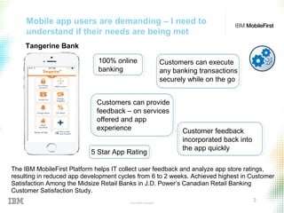 © 2015 IBM Corporation
3
Mobile app users are demanding – I need to
understand if their needs are being met
The IBM MobileFirst Platform helps IT collect user feedback and analyze app store ratings,
resulting in reduced app development cycles from 6 to 2 weeks. Achieved highest in Customer
Satisfaction Among the Midsize Retail Banks in J.D. Power’s Canadian Retail Banking
Customer Satisfaction Study.
Tangerine Bank
100% online
banking
Customers can execute
any banking transactions
securely while on the go
Customers can provide
feedback – on services
offered and app
experience Customer feedback
incorporated back into
the app quickly
5 Star App Rating
 