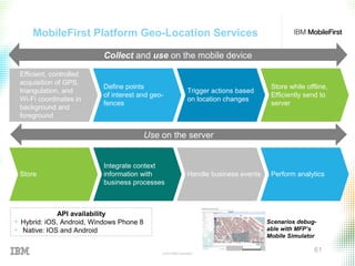 © 2015 IBM Corporation
61
MobileFirst Platform Geo-Location Services
Efficient, controlled
acquisition of GPS,
triangulation, and
Wi-Fi coordinates in
background and
foreground
Trigger actions based
on location changes
Define points
of interest and geo-
fences
Store
Integrate context
information with
business processes
Handle business events
Store while offline,
Efficiently send to
server
Perform analytics
API availability
+ Hybrid: iOS, Android, Windows Phone 8
+ Native: IOS and Android
Scenarios debug-
able with MFP’s
Mobile Simulator
Collect and use on the mobile device
Use on the server
 