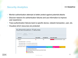 © 2015 IBM Corporation
86
Security Analytics
+ Monitor authentication attempts to better protect against potential attacks
+ Discover reasons for authentication failures and use information to improve
user experience
+ Trace authentication failures back to specific device, network transaction, user, etc.
+ Visualize which resources are protected
 