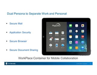 14© 2015 IBM Corporation
 Secure Mail
 Application Security
 Secure Browser
 Secure Document Sharing
WorkPlace Container for Mobile Collaboration
Dual Persona to Separate Work and Personal
 
