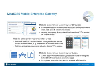 17© 2015 IBM Corporation
Mobile Enterprise Gateway for Docs
• Enhance MaaS360 Mobile Content Management with secure
access to internal files, e.g. SharePoint & Windows File Share
• Retrieve enterprise documents without a device VPN session
Mobile Enterprise Gateway for Browser
• Enable MaaS360 Secure Browser to access enterprise intranet
sites, web apps & network resources
• Access seamlessly & securely without needing a VPN session
on mobile device
Mobile Enterprise Gateway for Apps
• Add in-app VPN to MaaS360 Application Security to integrate
behind-the-firewall data in enterprise apps
• Incorporate enterprise data without a device VPN session
MaaS360 Mobile Enterprise Gateway
 