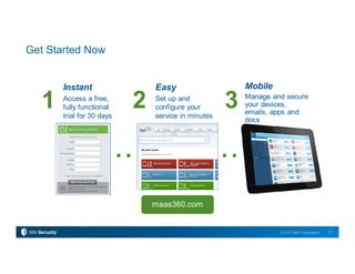 27© 2015 IBM Corporation
Get Started Now
maas360.com
Instant
Access a free,
fully functional
trial for 30 days
Mobile
Manage and secure
your devices,
emails, apps and
docs
Easy
Set up and
configure your
service in minutes
1 2 3
 