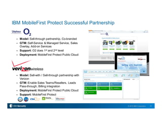 32© 2015 IBM Corporation
– Model: Sell-through partnership, Co-branded
– GTM: Self-Service & Managed Service, Sales
Overlay, Add-on Services
– Support: O2 does 1st and 2nd level
– Deployment: MobileFirst Protect Public Cloud
– Model: Sell-with / Sell-through partnership with
Verizon
– GTM: Enable Sales Teams/Resellers, Leads
Pass-through, Billing integration
– Deployment: MobileFirst Protect Public Cloud
– Support: MobileFirst Protect
IBM MobileFirst Protect Successful Partnership
 