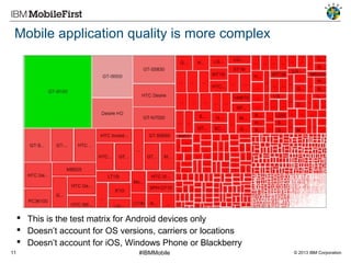 Mobile application quality is more complex

 100,000+ different devices for Android devices only, 500+ brands
 Doesn’t account for OS versions, carriers or locations
 Doesn’t account for iOS, Windows Phone or Blackberry
11

#IBMMobile

© 2013 IBM Corporation

 
